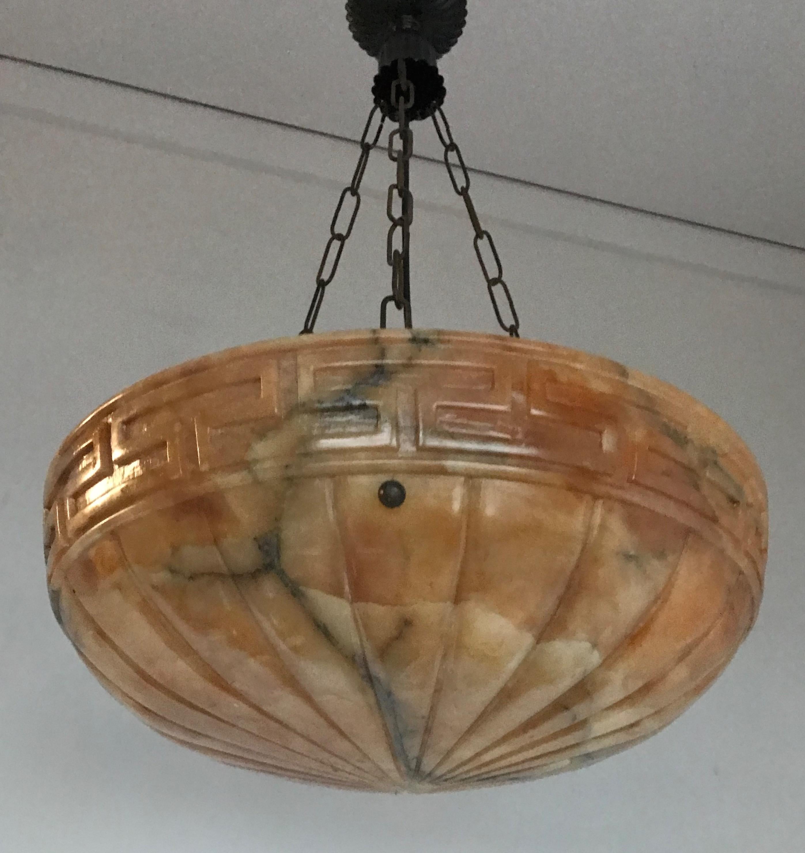 Good Size Neoclassical Early 1900s Alabaster Pendant Light Fixture / Chandelier 11