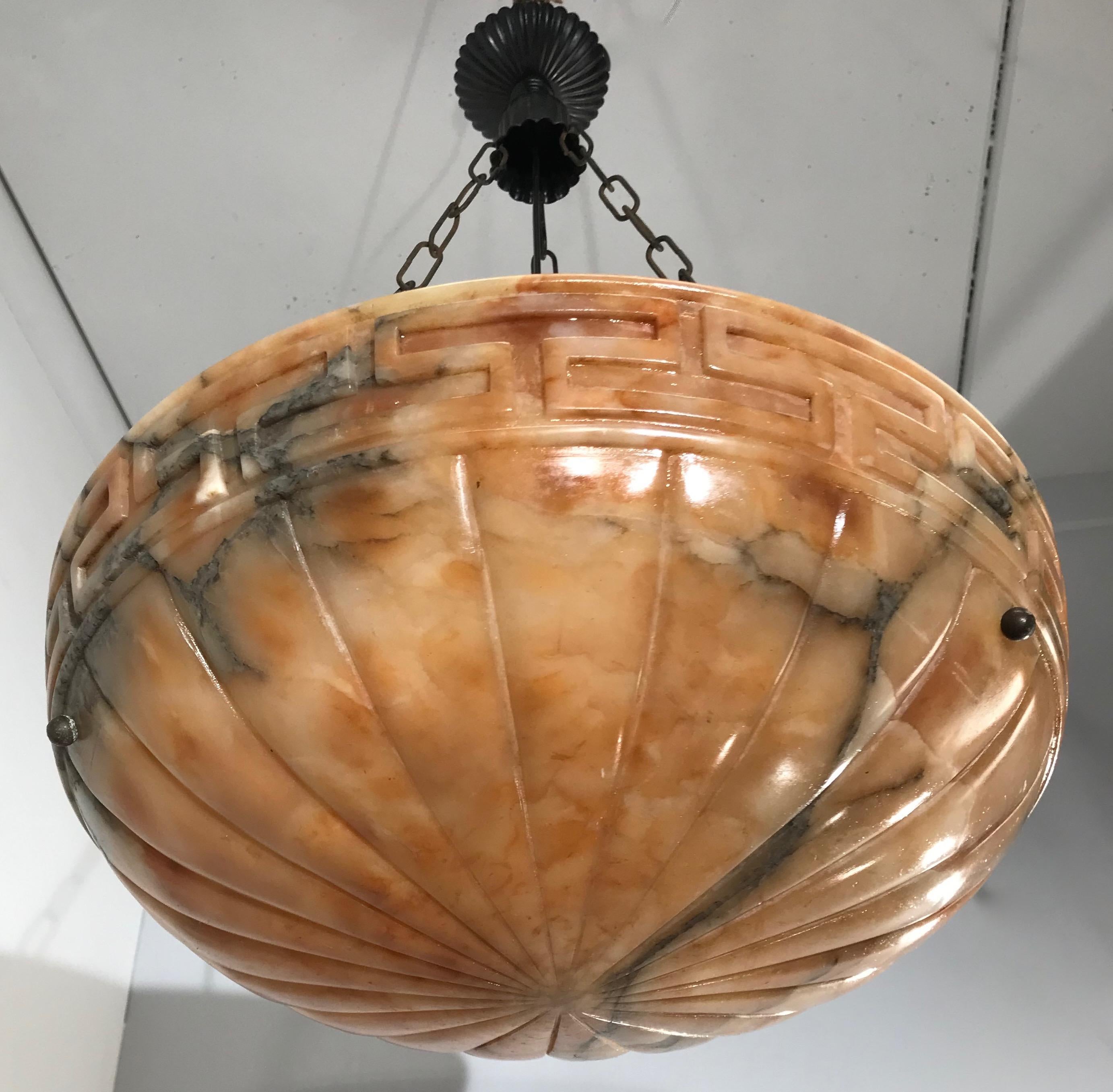 Good Size Neoclassical Early 1900s Alabaster Pendant Light Fixture / Chandelier 7