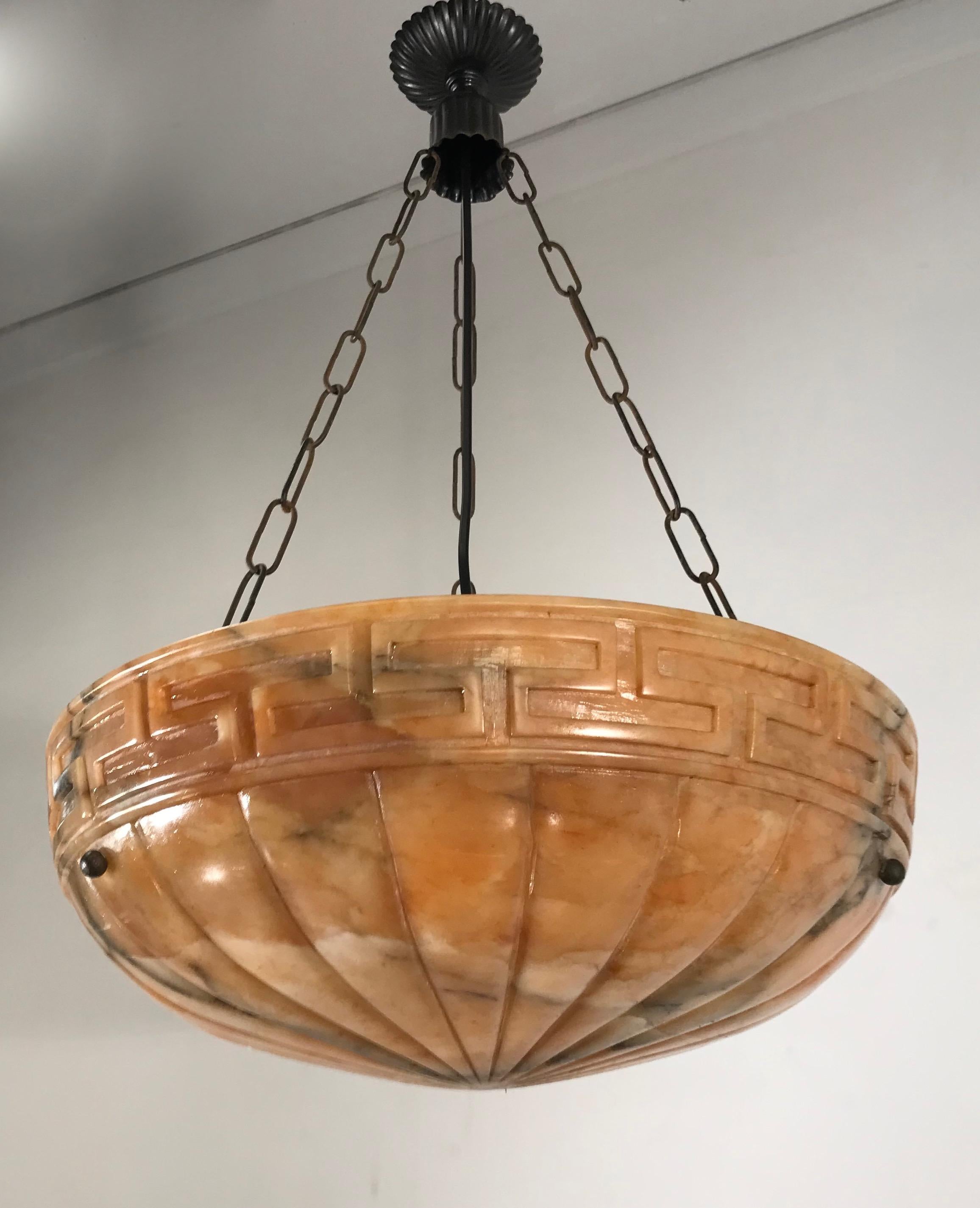 Hand-Crafted Good Size Neoclassical Early 1900s Alabaster Pendant Light Fixture / Chandelier