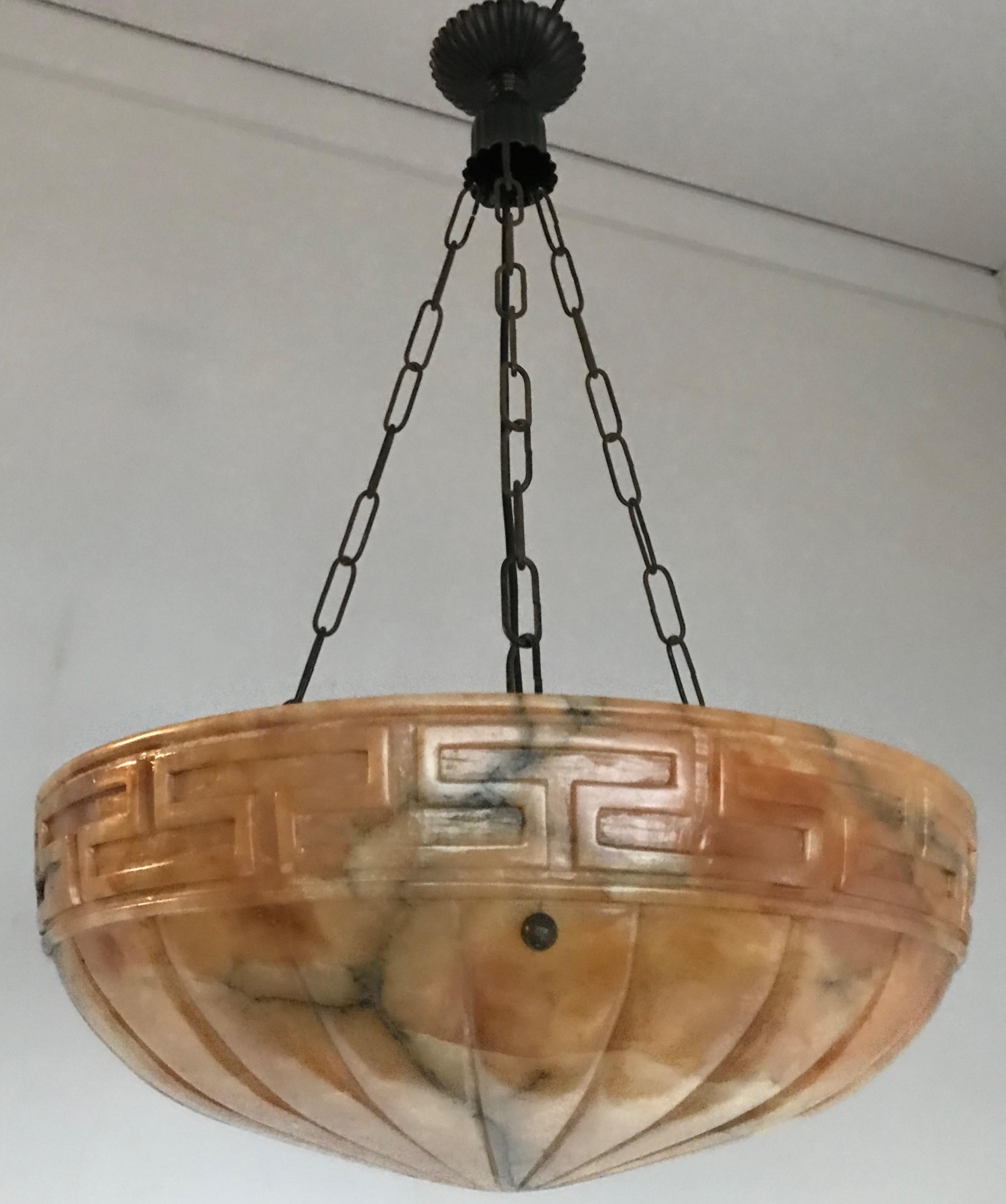 Good Size Neoclassical Early 1900s Alabaster Pendant Light Fixture / Chandelier 1