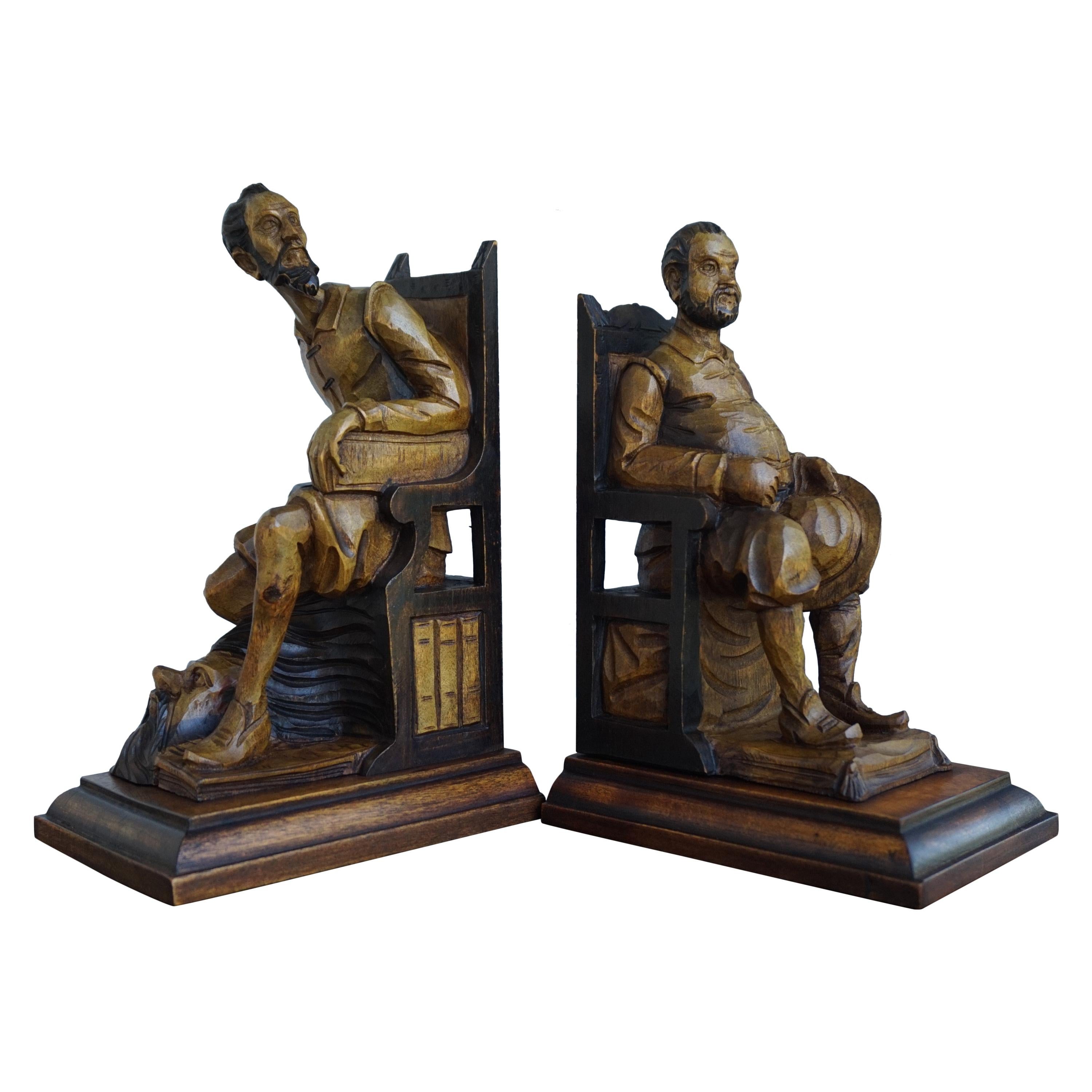 Good Size Pair of Hand Carved and Ebonized Don Quixote and Sancho Panza Bookends