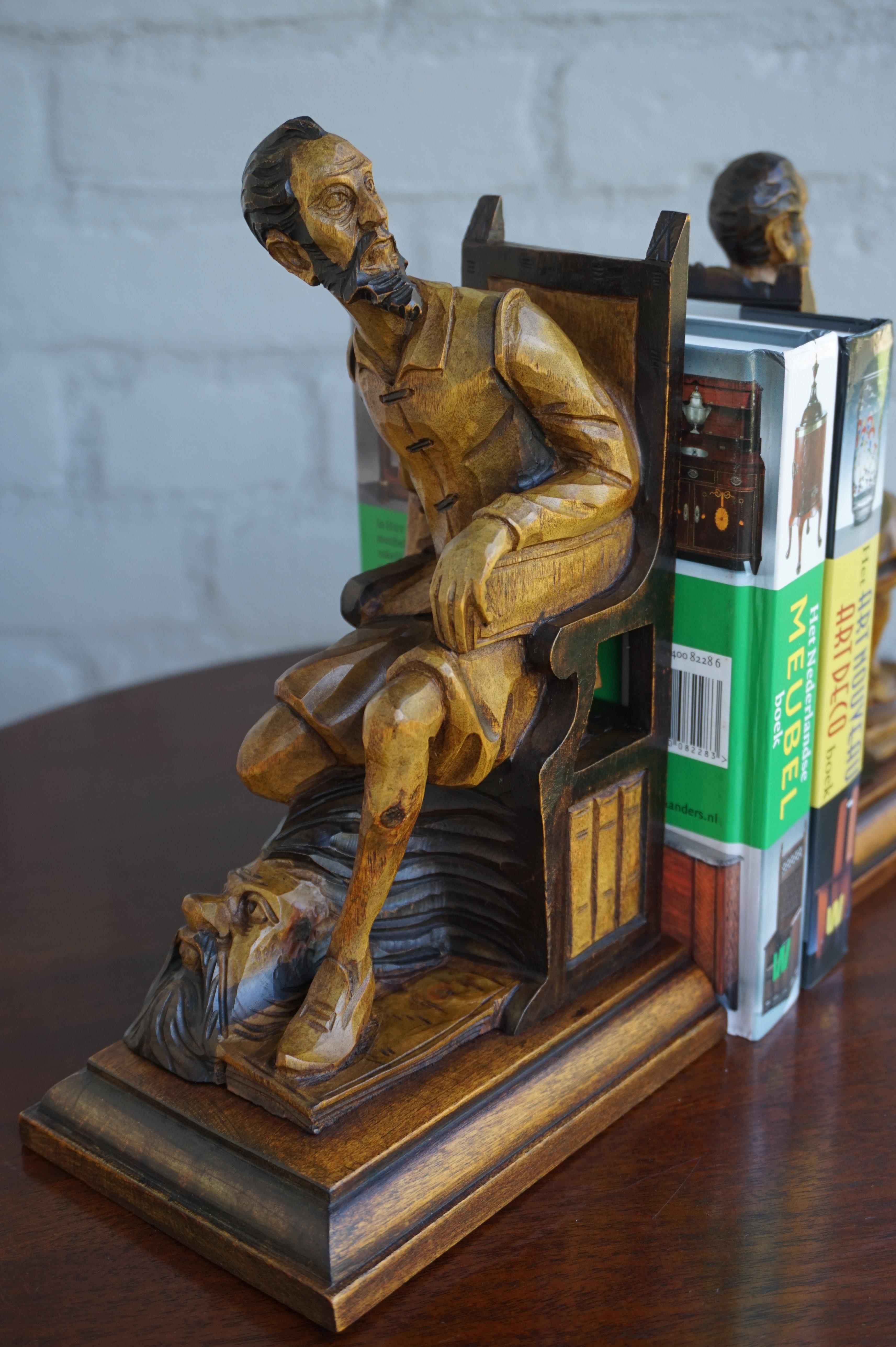 Good Size Pair of Hand Carved and Ebonized Don Quixote and Sancho Panza Bookends 1