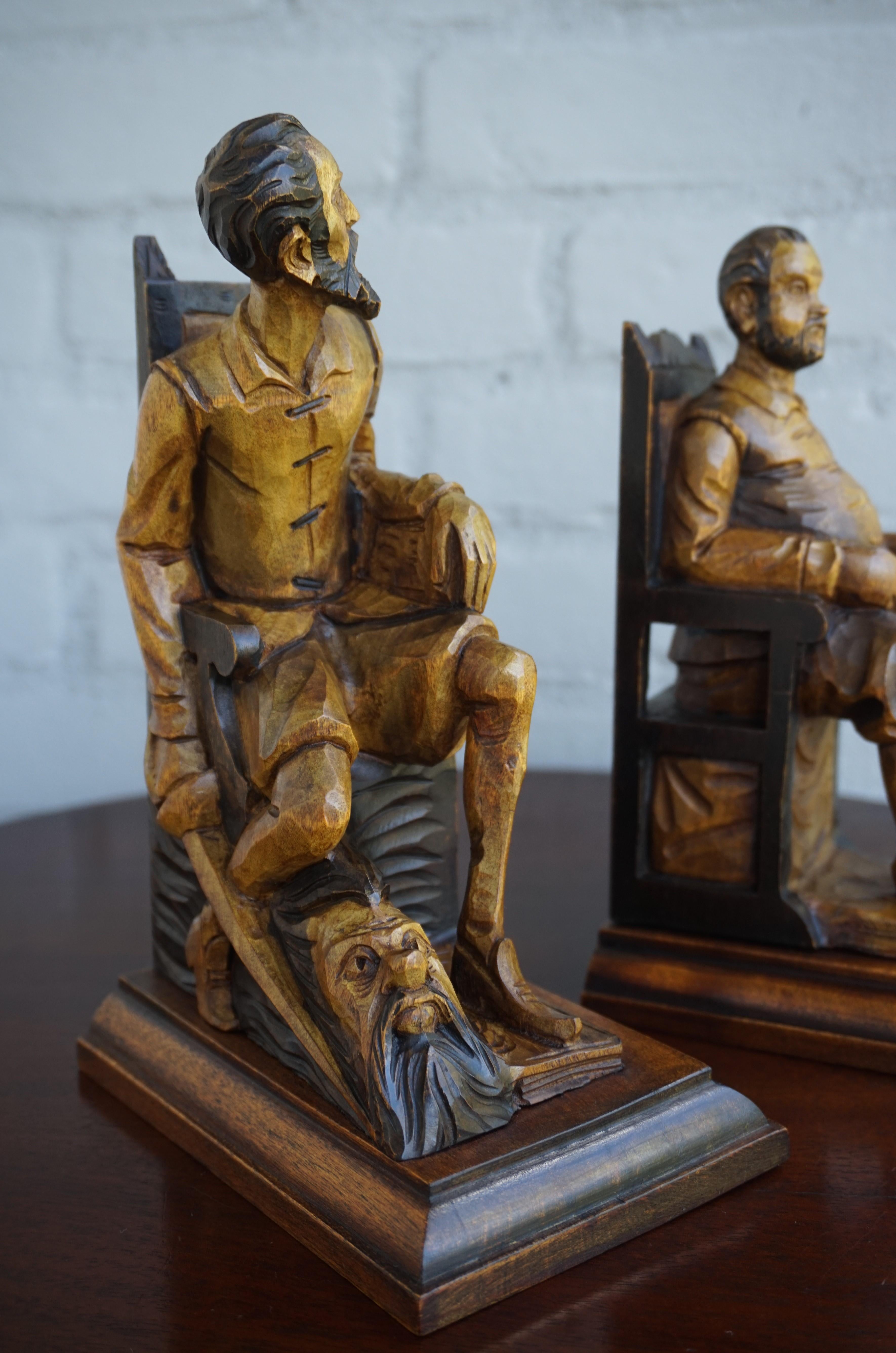 Medieval Good Size Pair of Hand Carved and Ebonized Don Quixote and Sancho Panza Bookends