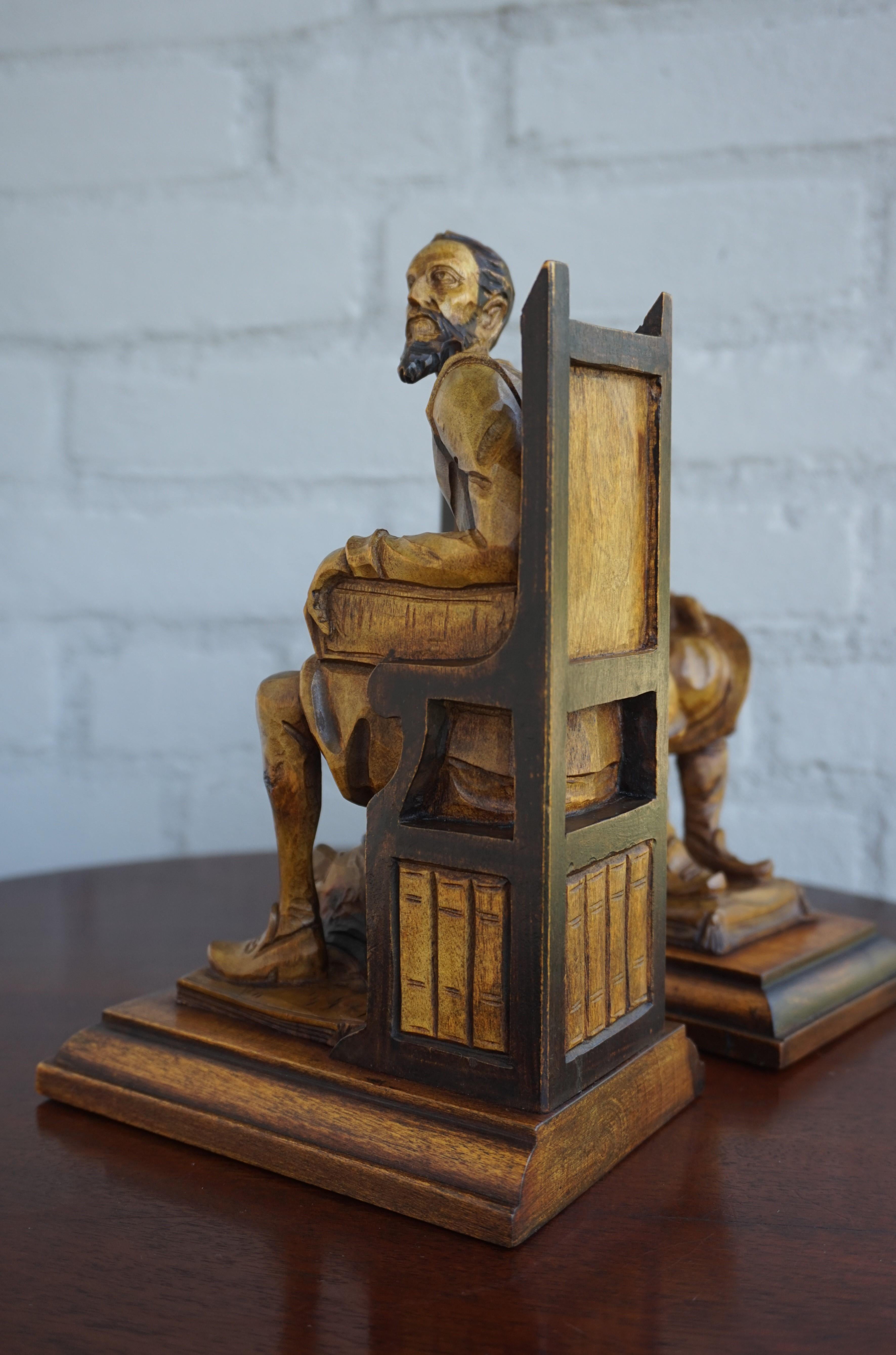 20th Century Good Size Pair of Hand Carved and Ebonized Don Quixote and Sancho Panza Bookends
