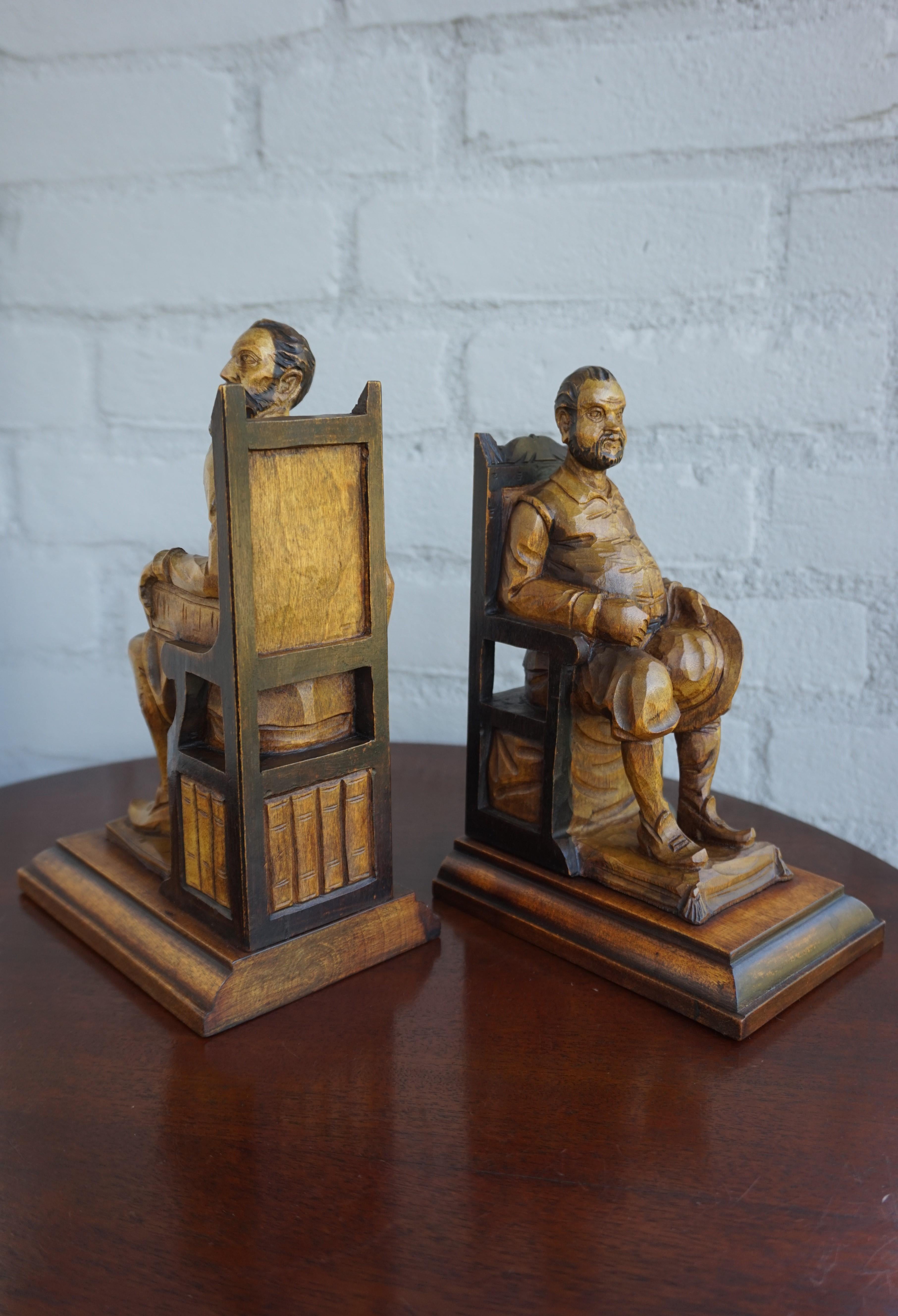 Wood Good Size Pair of Hand Carved and Ebonized Don Quixote and Sancho Panza Bookends