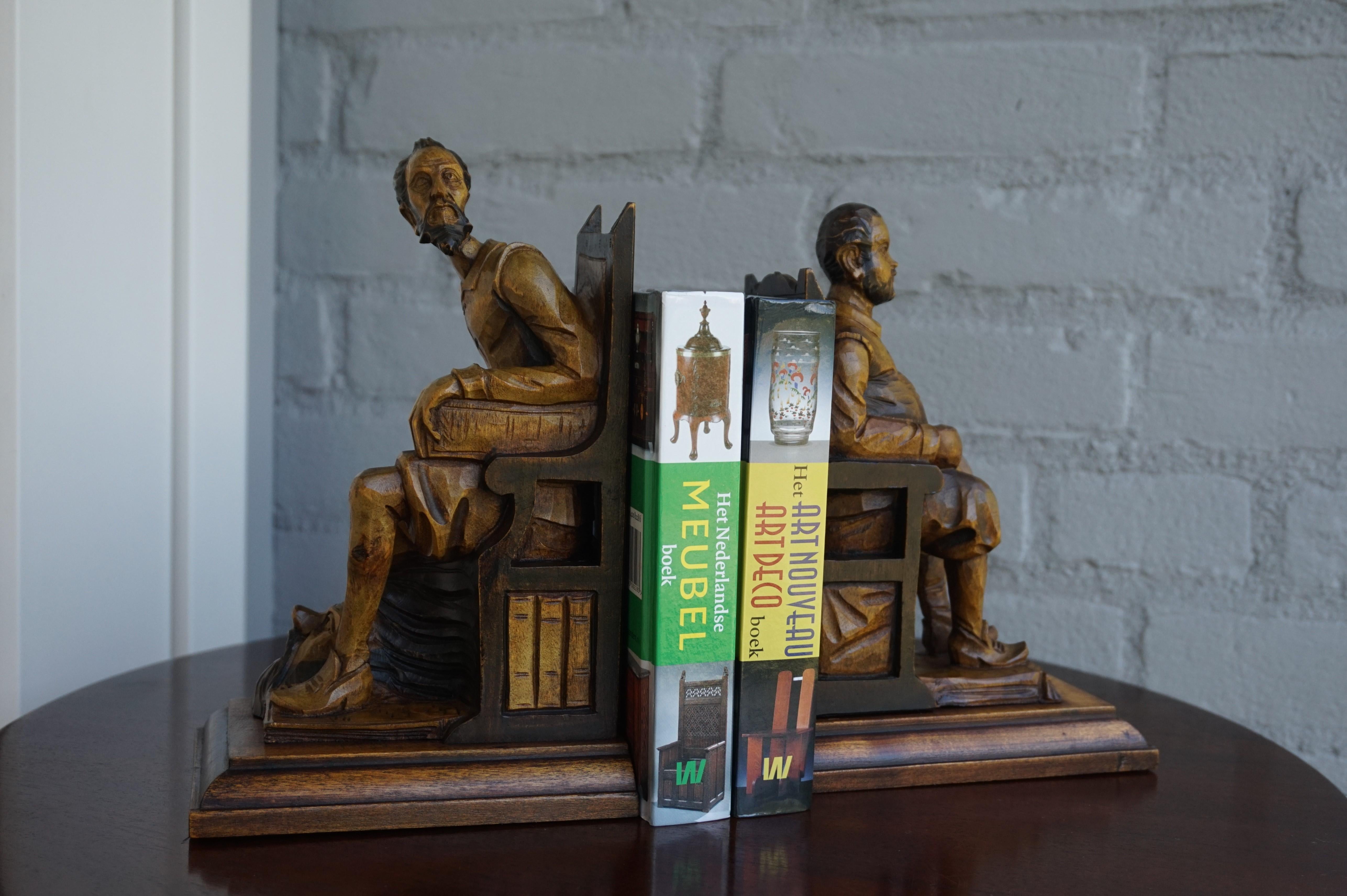 Wood Good Size Pair of Hand Carved and Ebonized Don Quixote and Sancho Panza Bookends