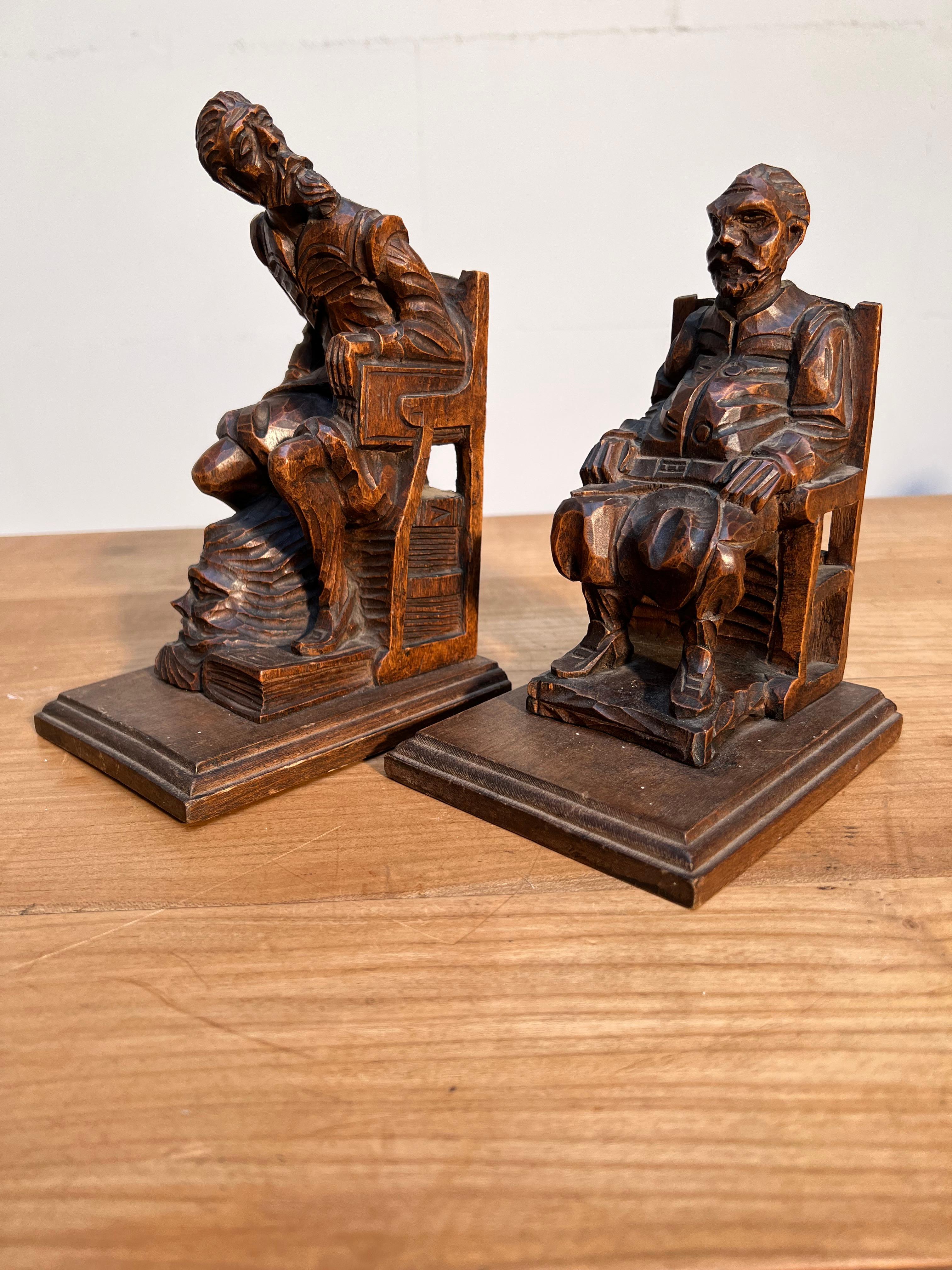 Good Size Pair of Hand Carved & Patinated Don Quixote and Sancho Panza Bookends For Sale 2