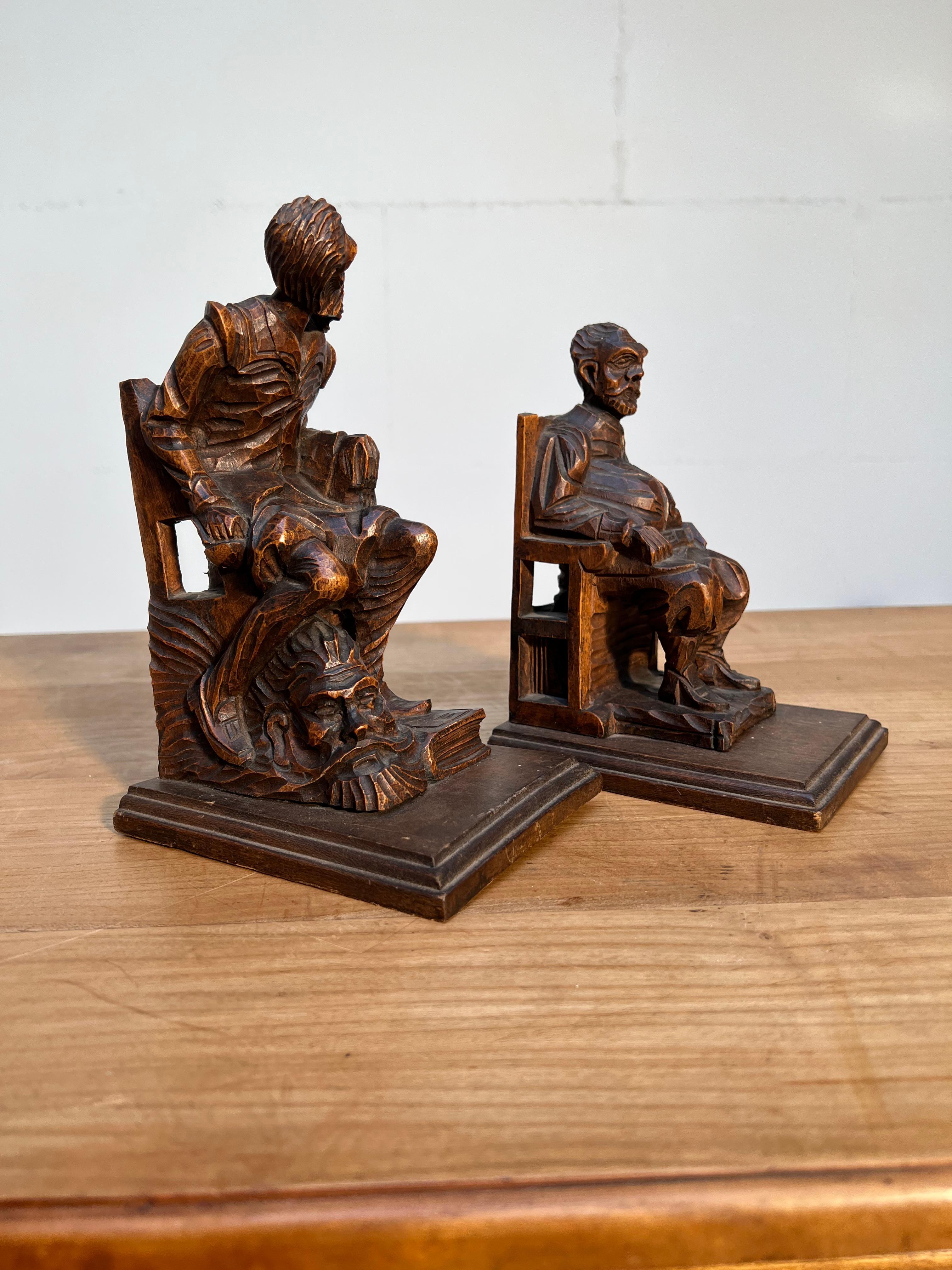 Good Size Pair of Hand Carved & Patinated Don Quixote and Sancho Panza Bookends For Sale 6