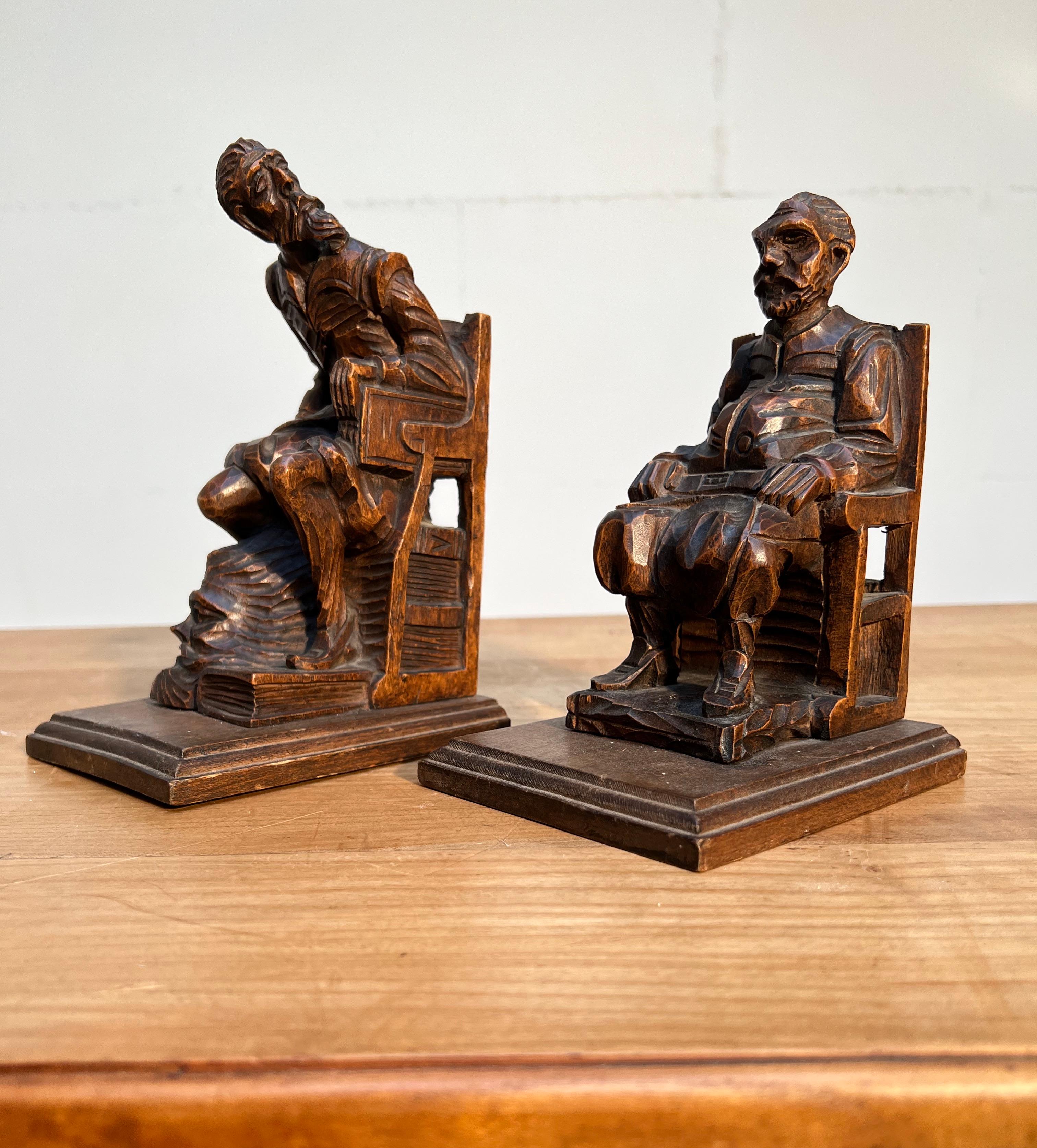 20th Century Good Size Pair of Hand Carved & Patinated Don Quixote and Sancho Panza Bookends For Sale