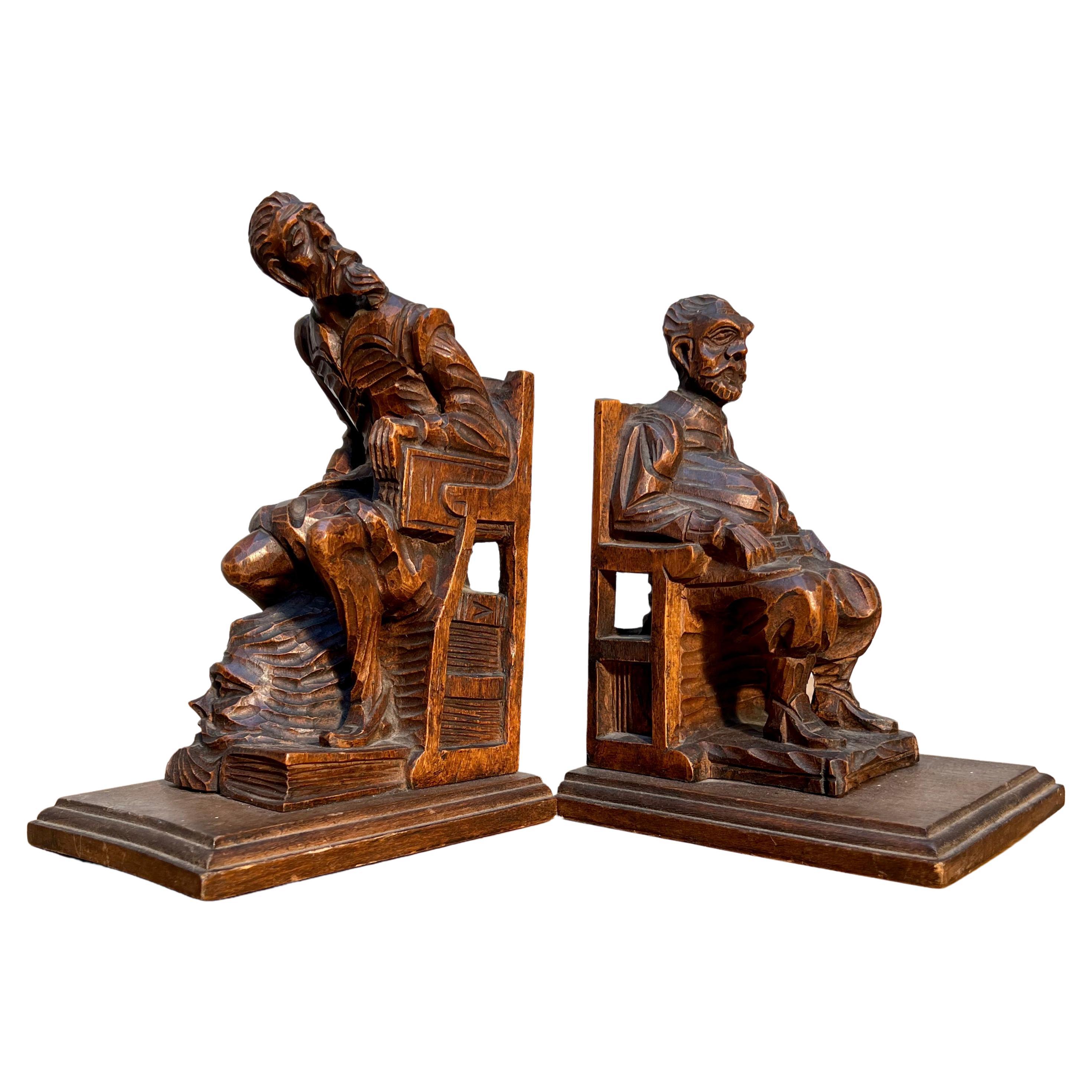 Good Size Pair of Hand Carved & Patinated Don Quixote and Sancho Panza Bookends