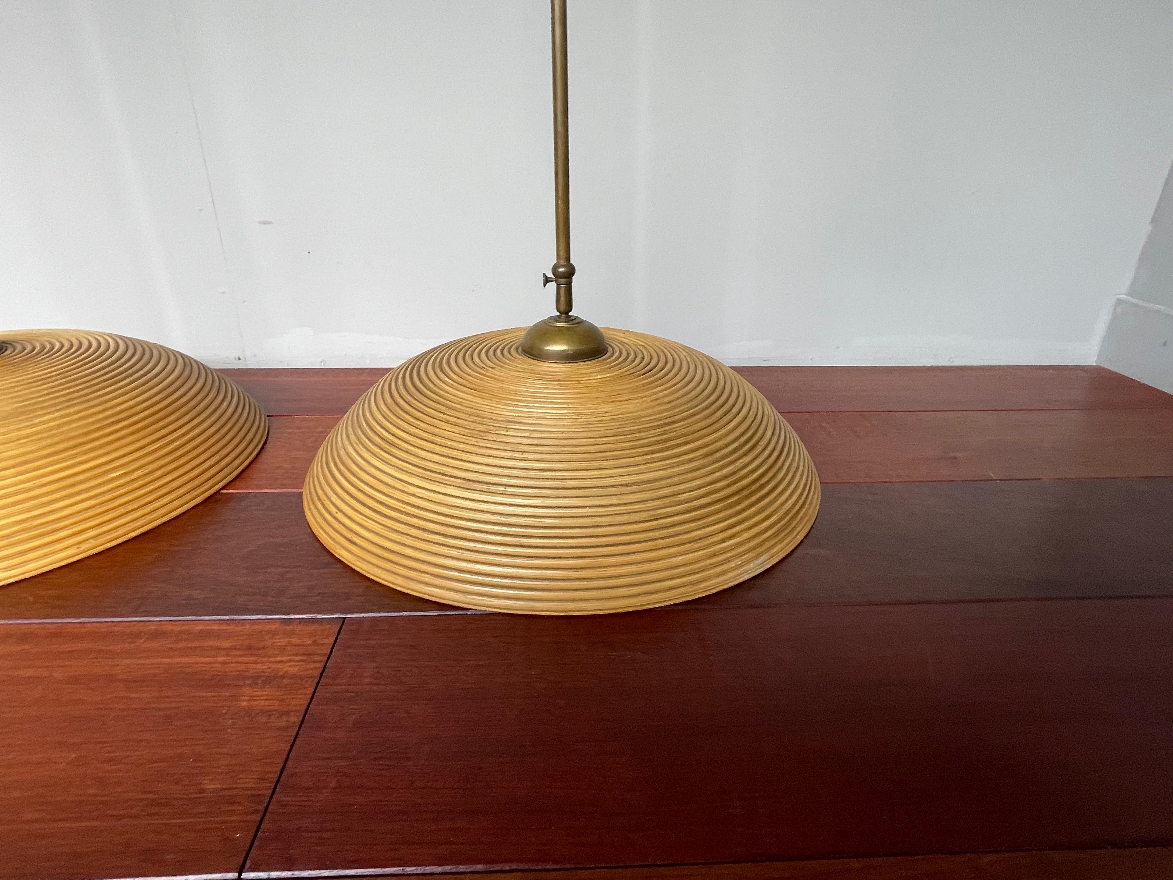 Good Size Pair of Hand Crafted Mid-Century Modern Rattan and Brass Pendant Lamps For Sale 8