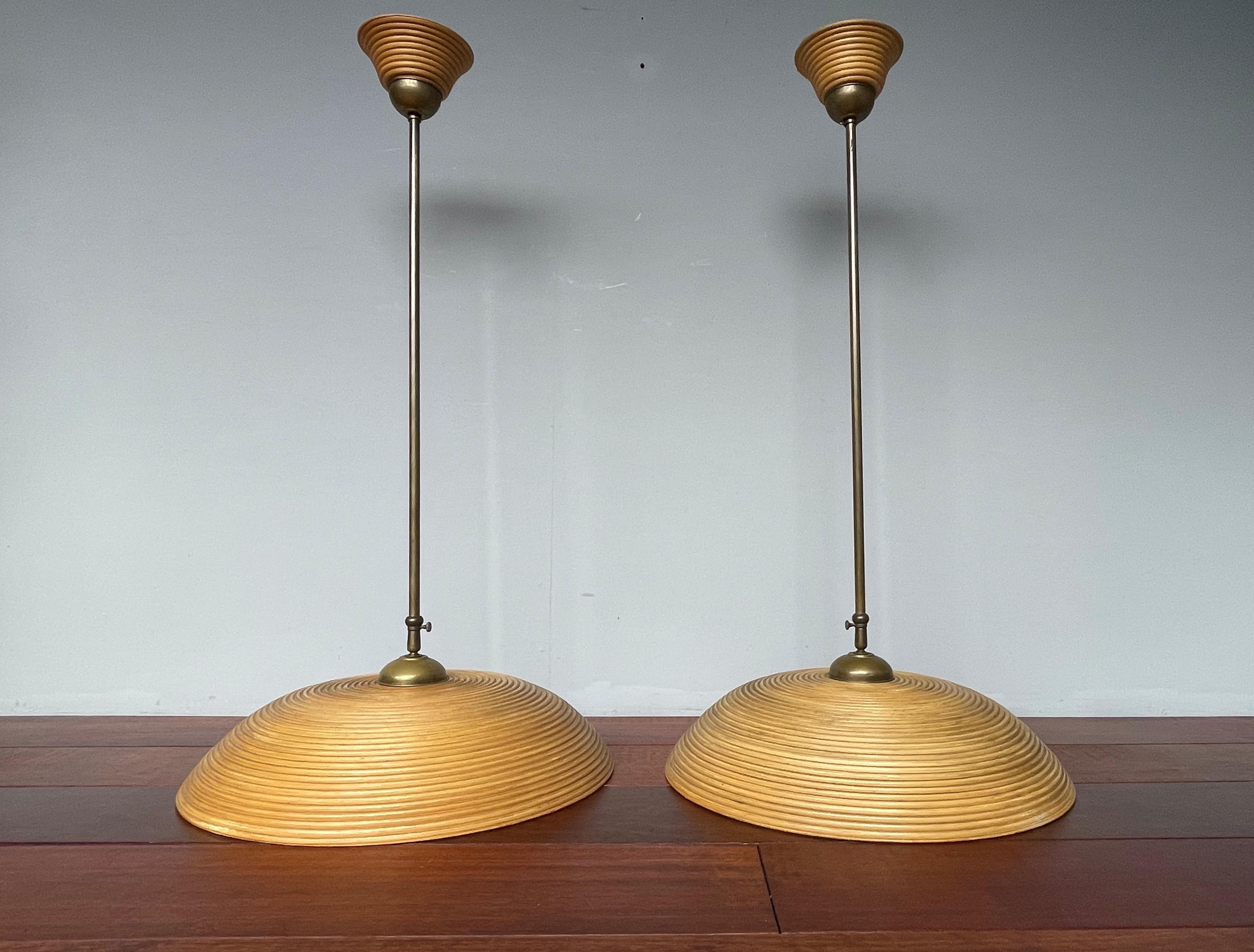Good Size Pair of Hand Crafted Mid-Century Modern Rattan and Brass Pendant Lamps For Sale 13