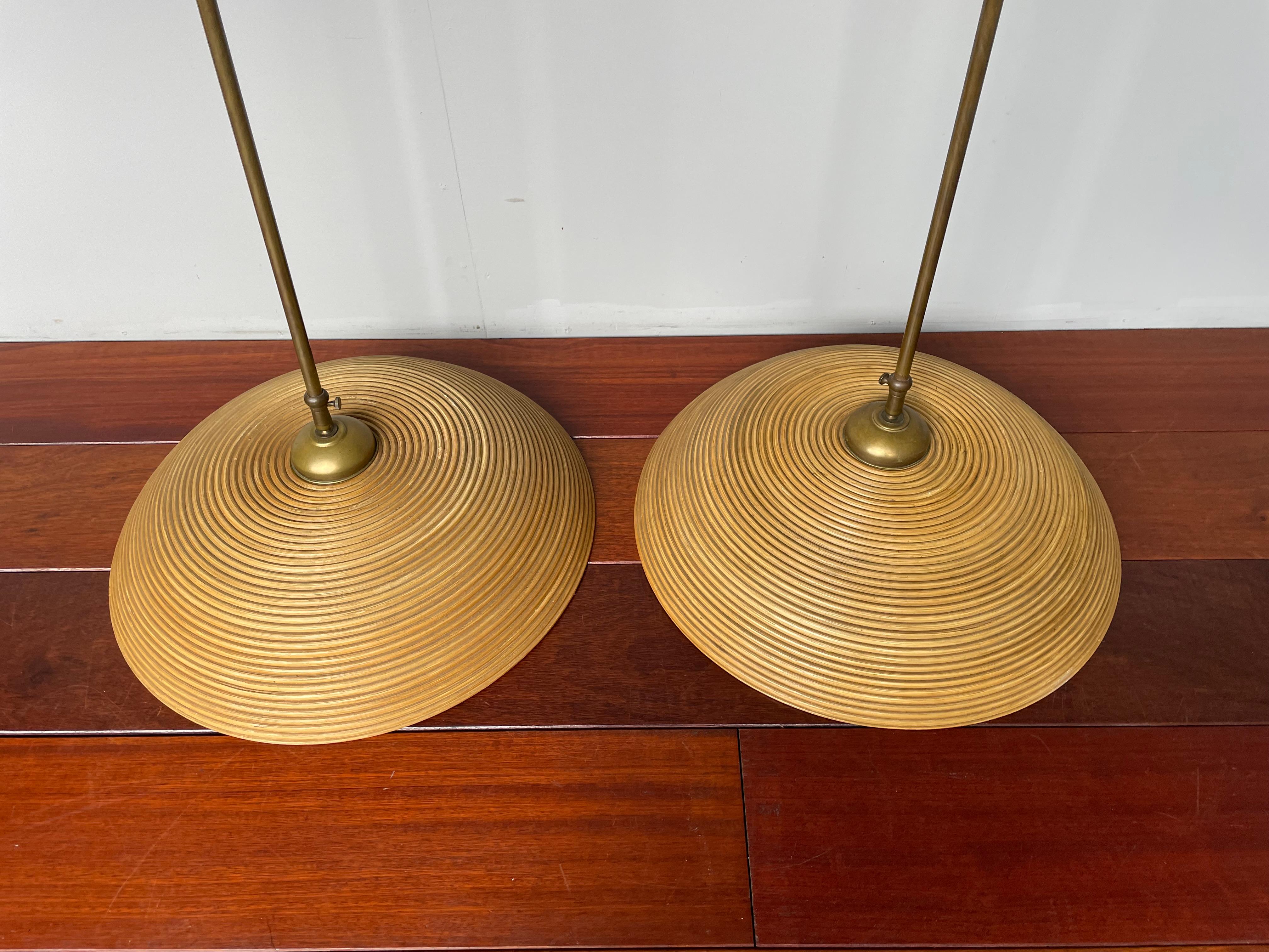 20th Century Good Size Pair of Hand Crafted Mid-Century Modern Rattan and Brass Pendant Lamps For Sale