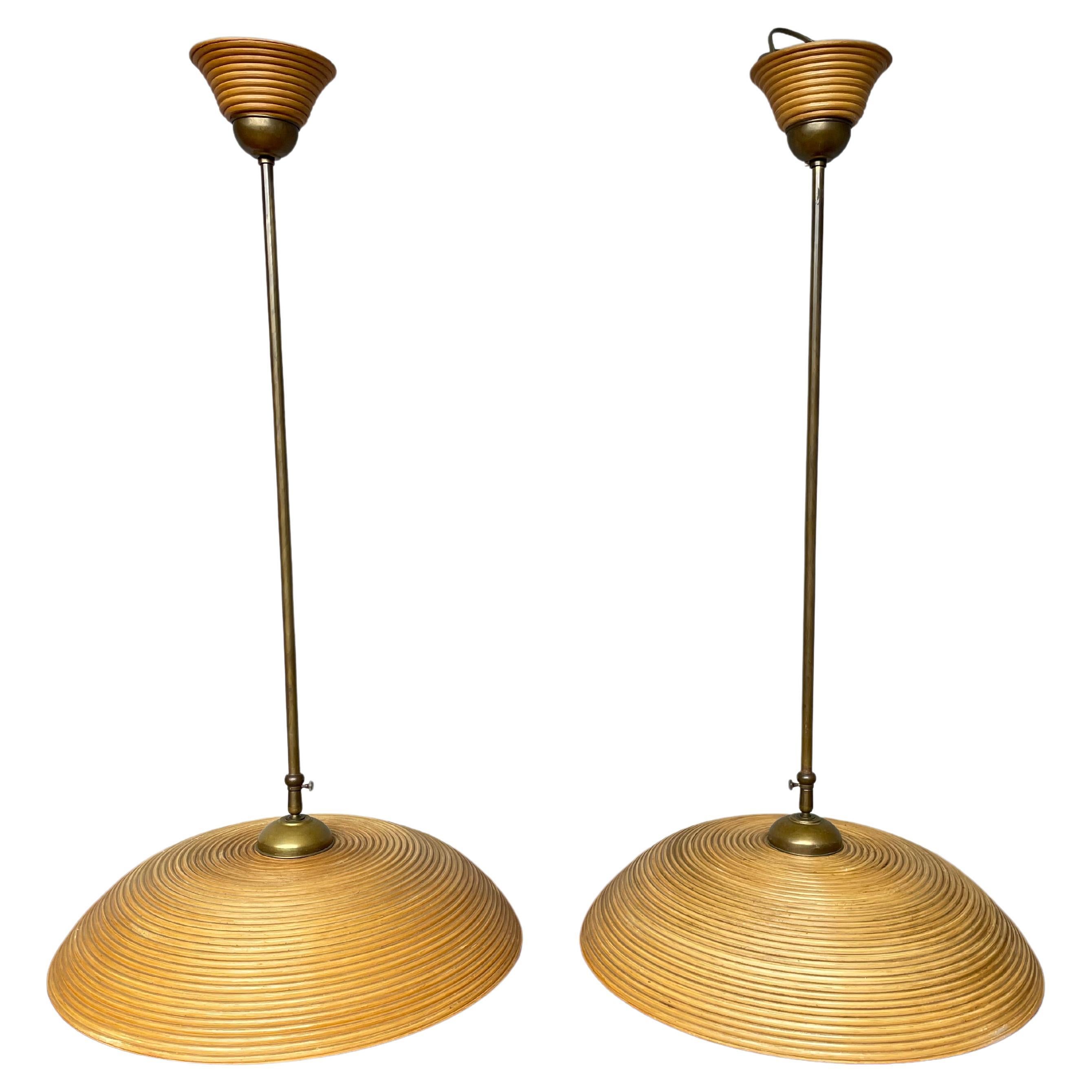 Good Size Pair of Hand Crafted Mid-Century Modern Rattan and Brass Pendant Lamps For Sale