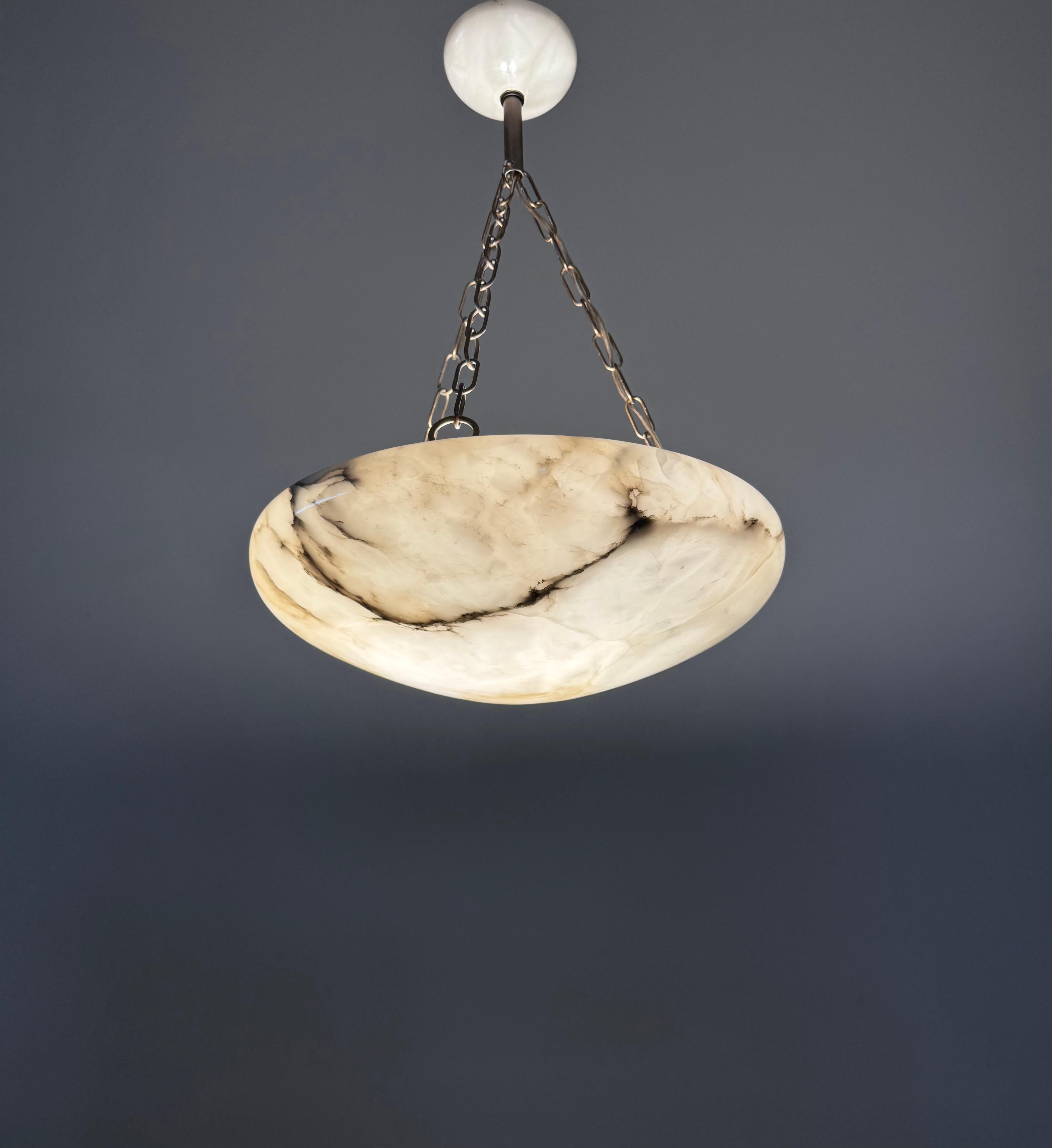 Good Size & Perfectly Balanced Antique Hand Crafted Alabaster Bowl Pendant Light 6