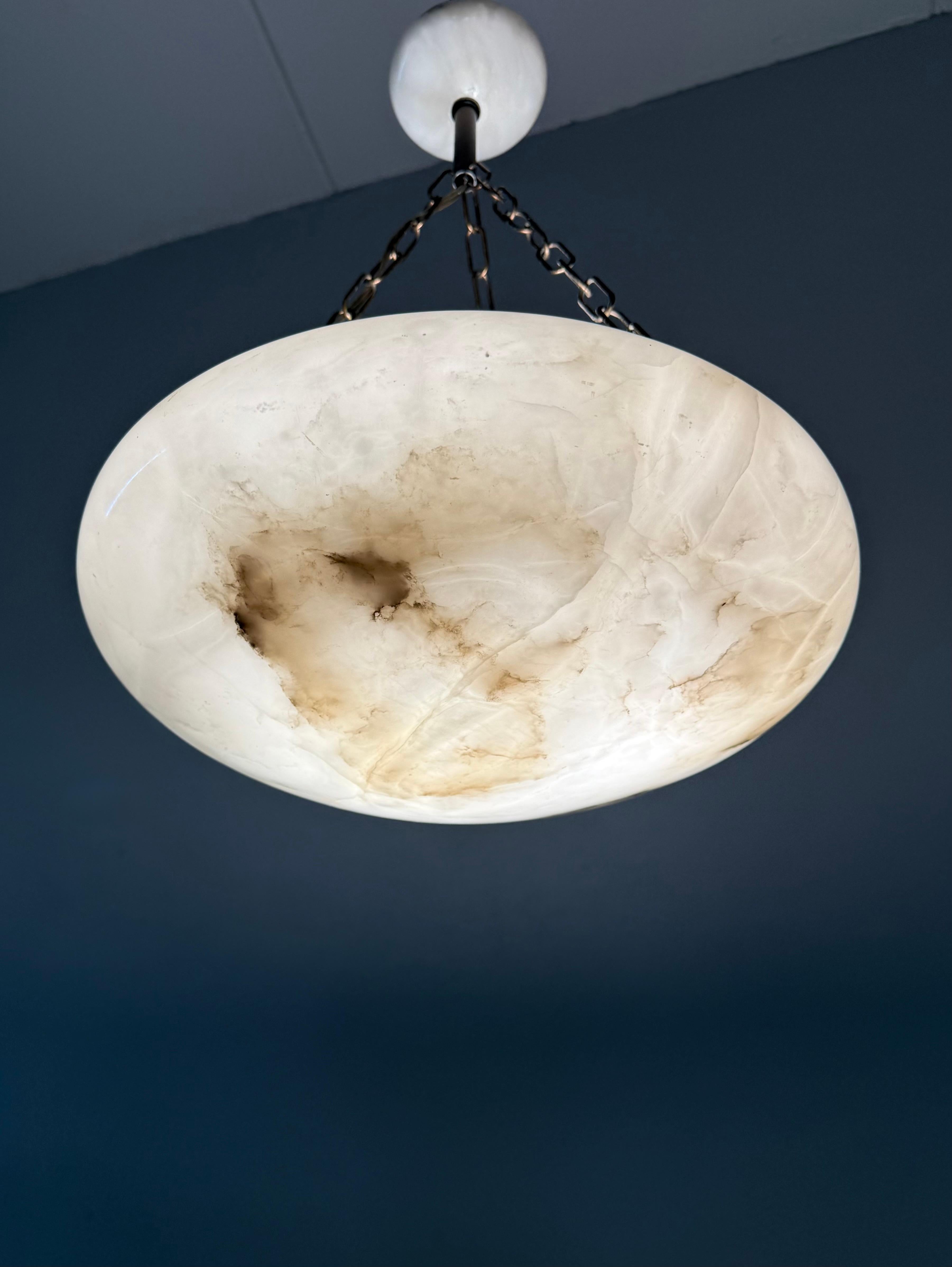 Good Size & Perfectly Balanced Antique Hand Crafted Alabaster Bowl Pendant Light 8