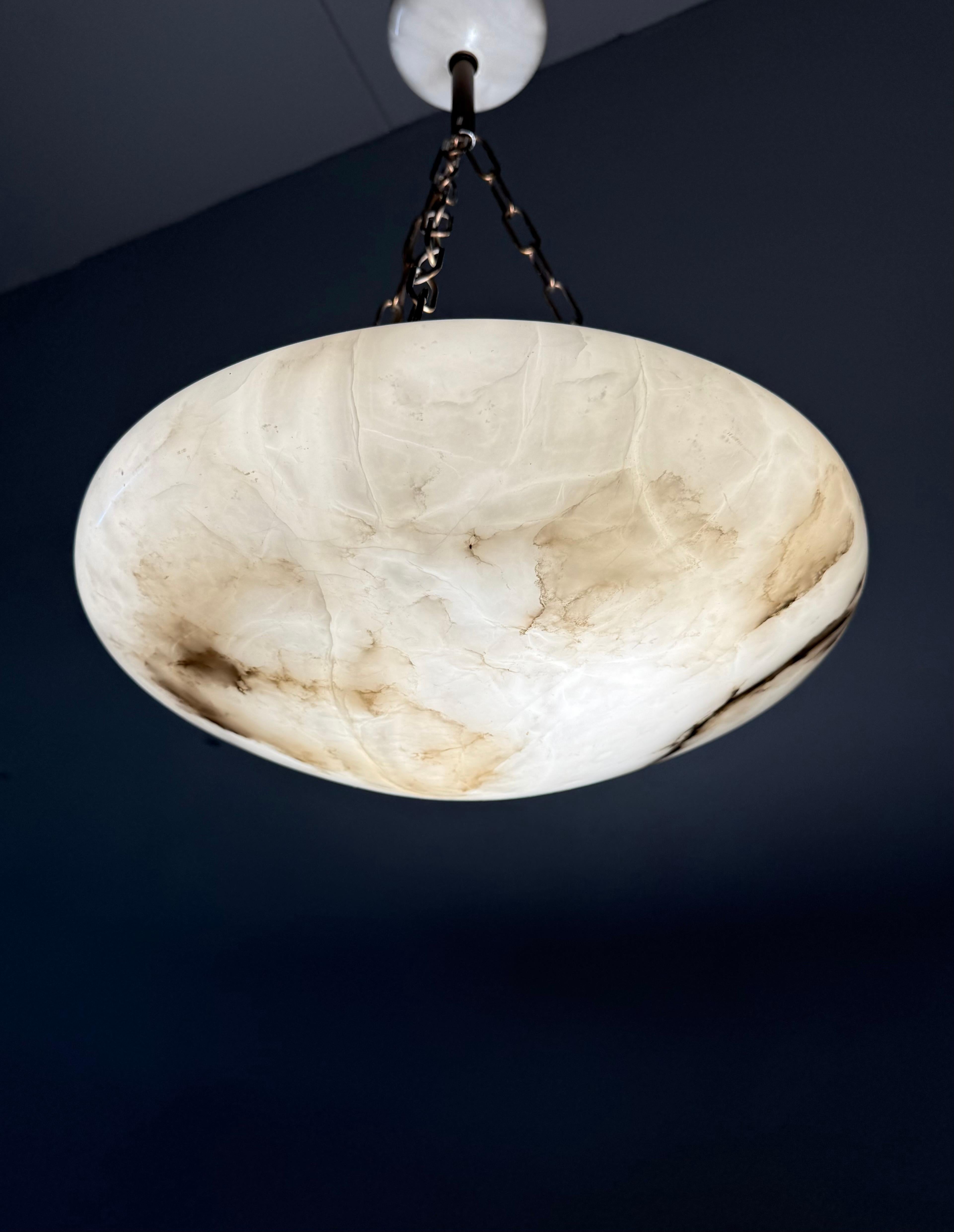 Good Size & Perfectly Balanced Antique Hand Crafted Alabaster Bowl Pendant Light 9