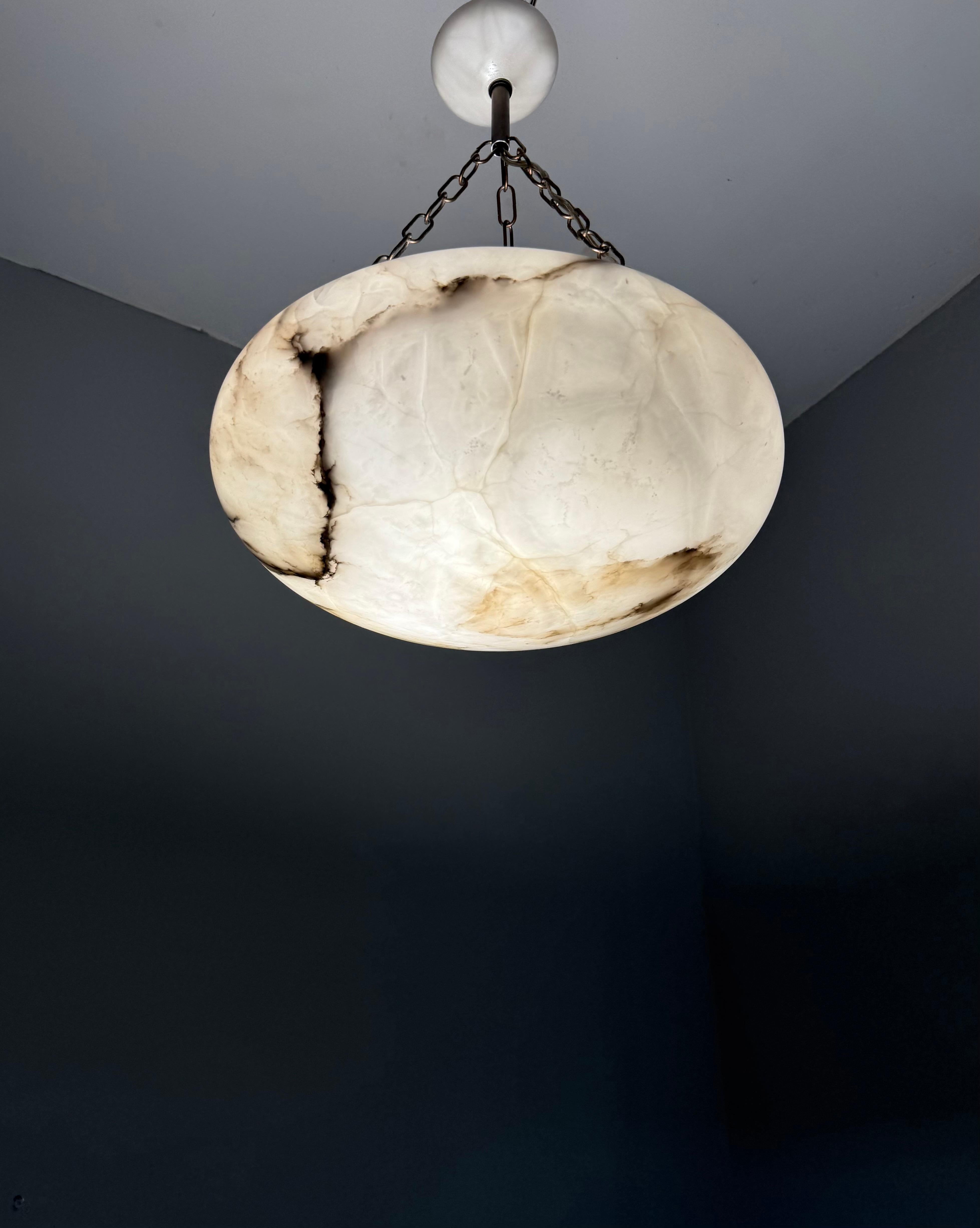 Good Size & Perfectly Balanced Antique Hand Crafted Alabaster Bowl Pendant Light 11