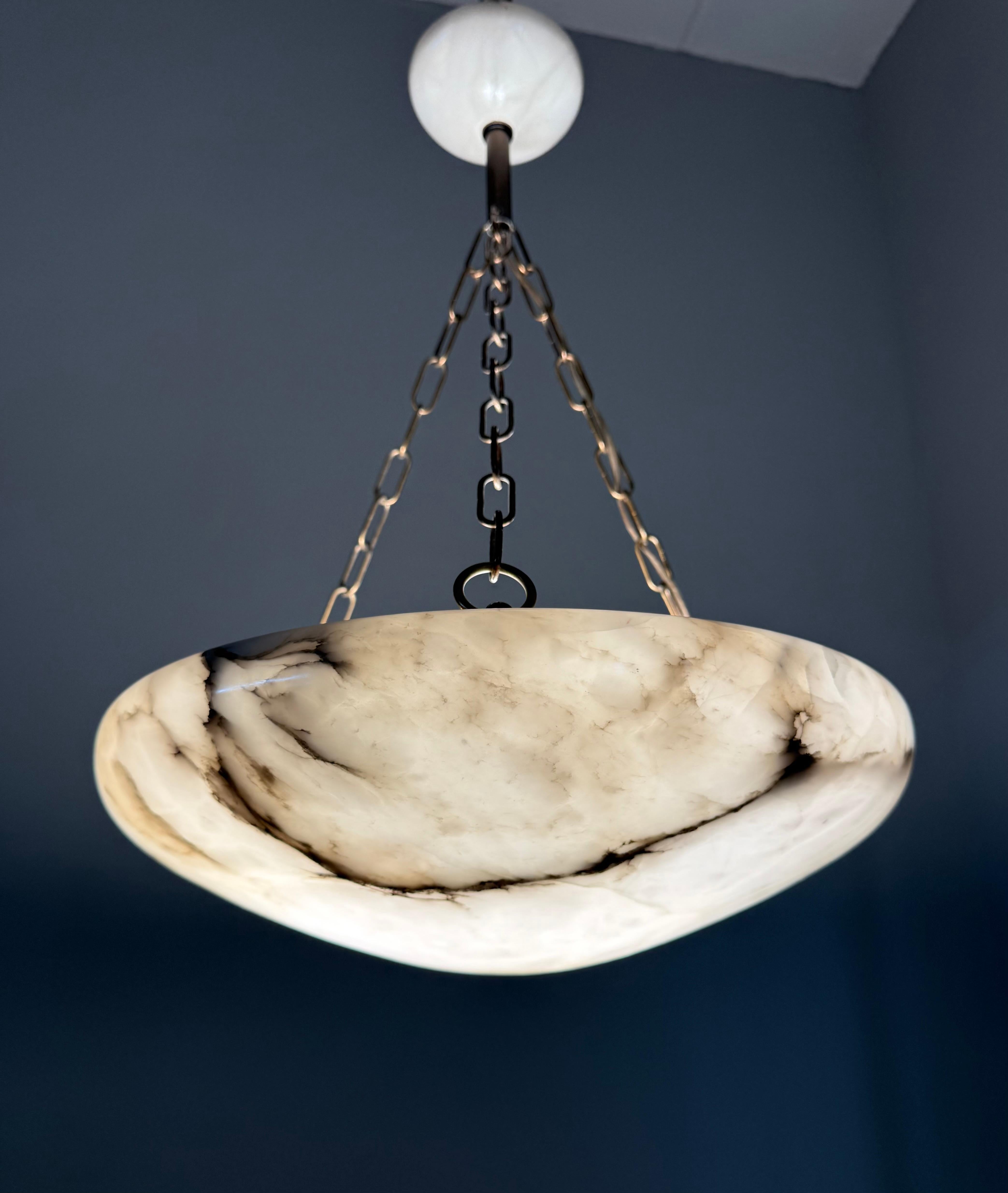 Italian Good Size & Perfectly Balanced Antique Hand Crafted Alabaster Bowl Pendant Light