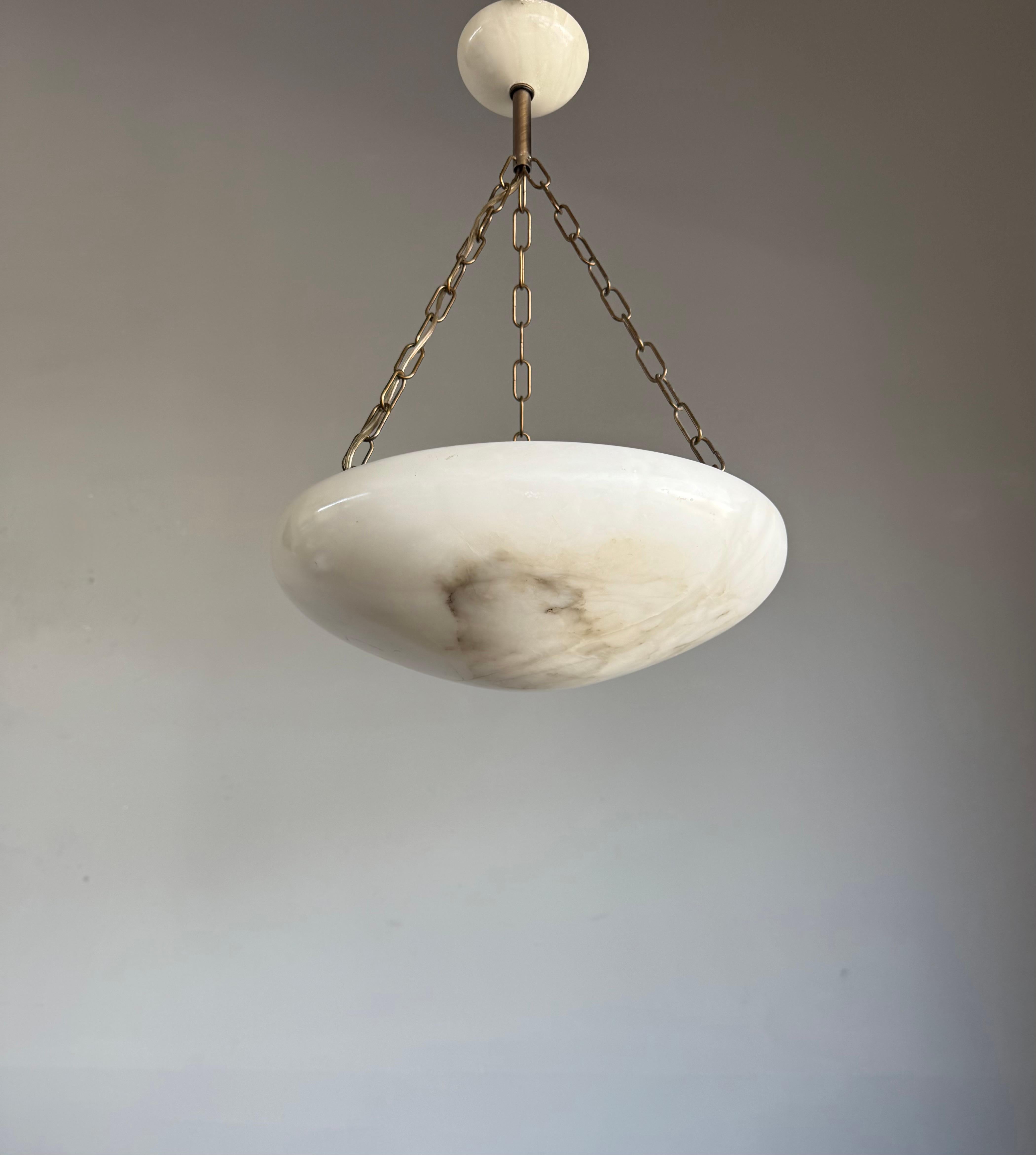 Good Size & Perfectly Balanced Antique Hand Crafted Alabaster Bowl Pendant Light In Good Condition In Lisse, NL