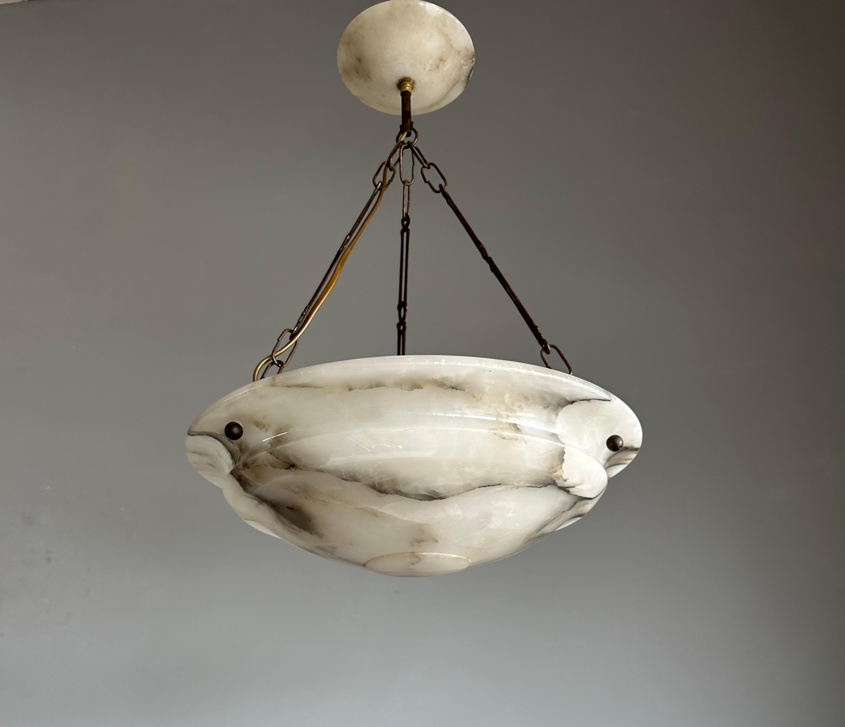 Good Size & Perfectly Balanced Art Deco White & Black Alabaster Pendant Light 6