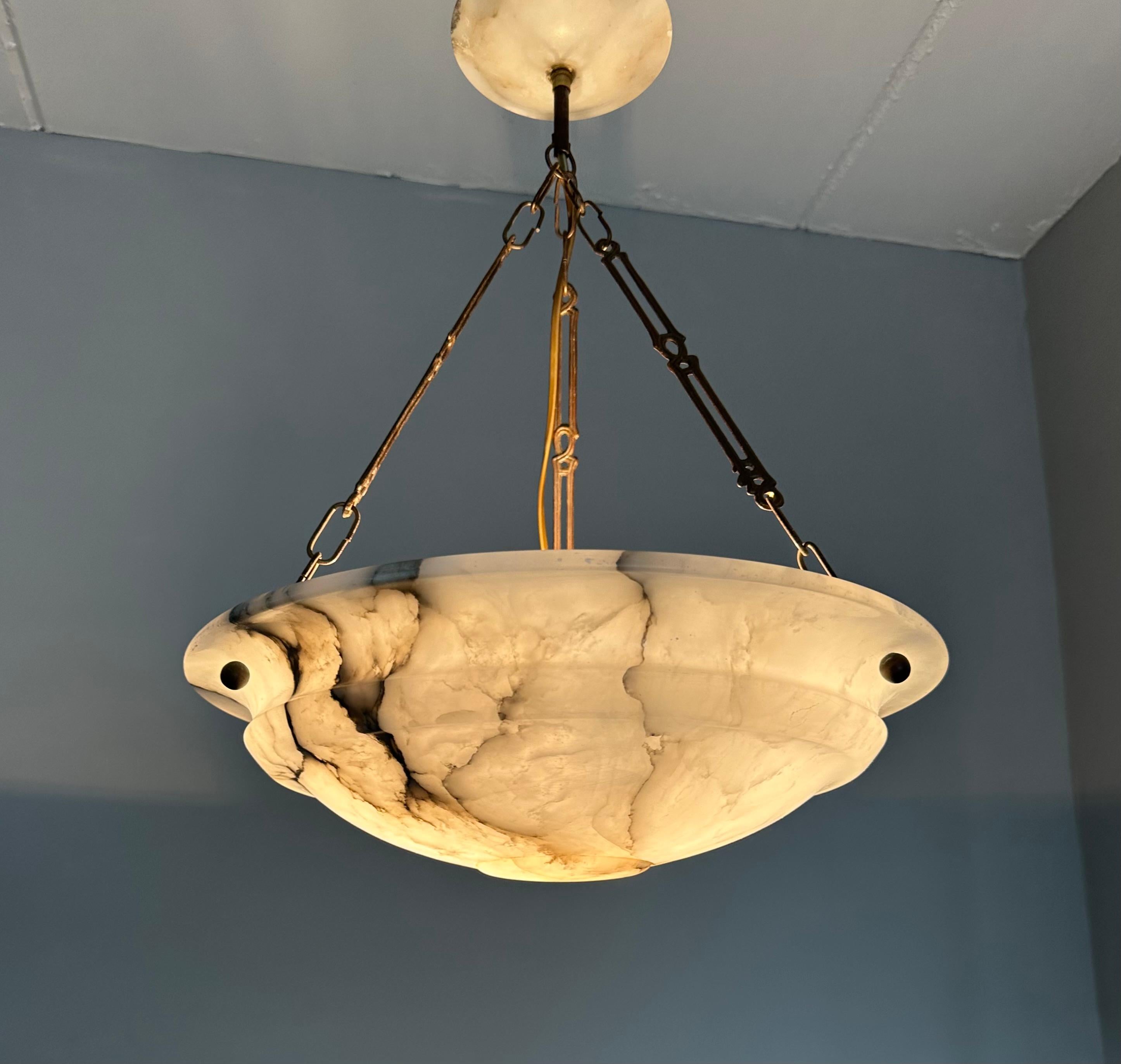 Good Size & Perfectly Balanced Art Deco White & Black Alabaster Pendant Light 9