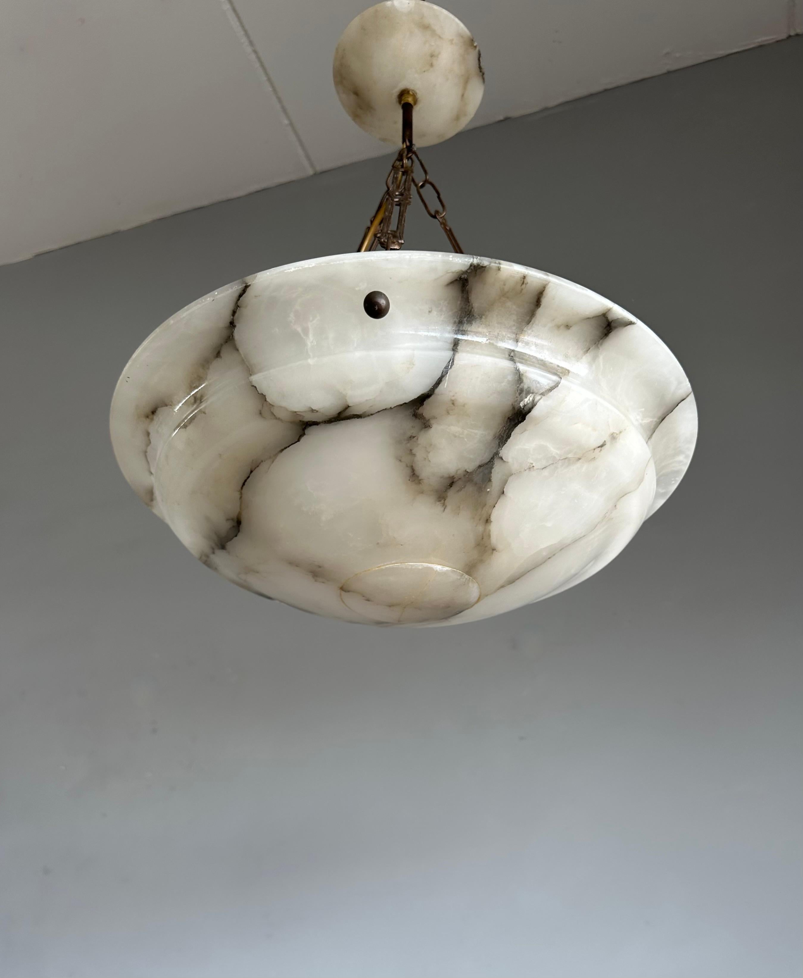 Hand-Carved Good Size & Perfectly Balanced Art Deco White & Black Alabaster Pendant Light For Sale