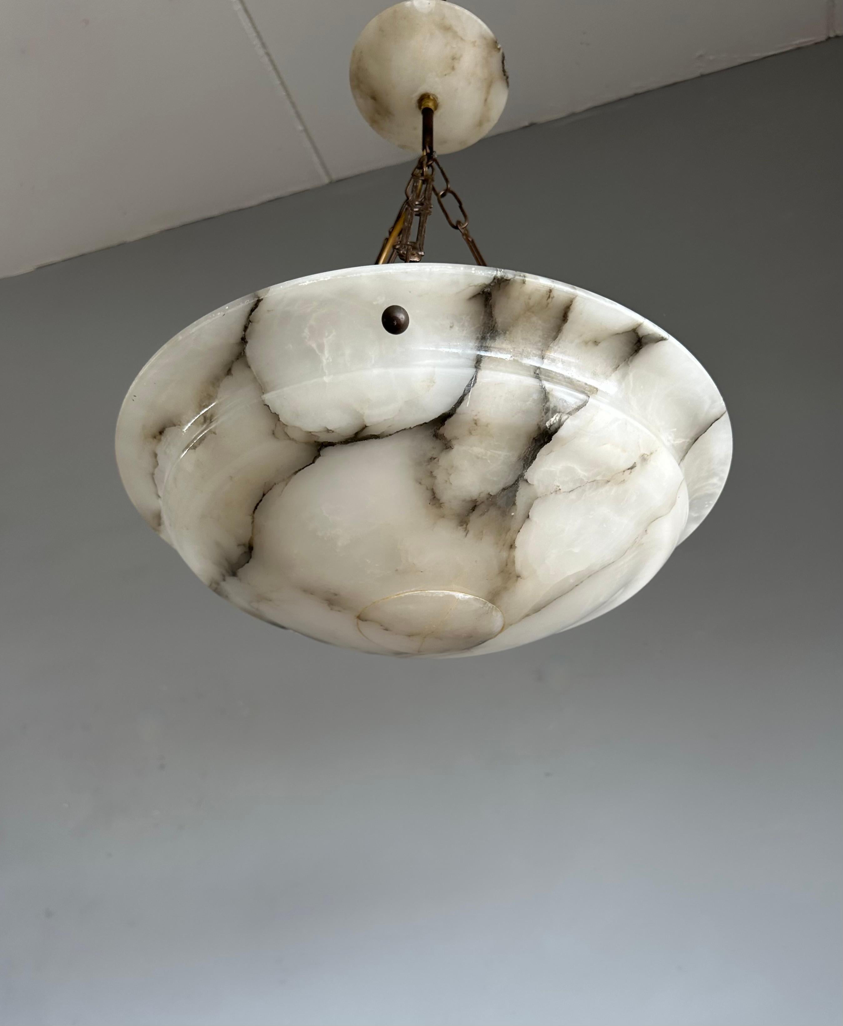 Hand-Carved Good Size & Perfectly Balanced Art Deco White & Black Alabaster Pendant Light