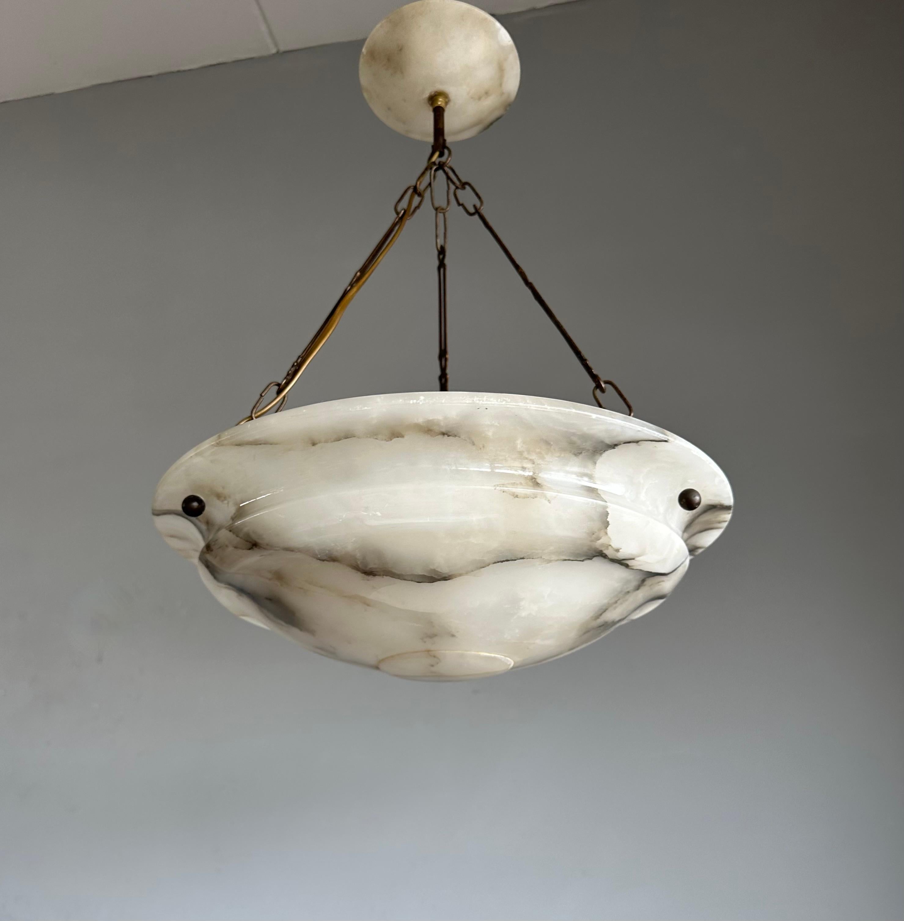 Metal Good Size & Perfectly Balanced Art Deco White & Black Alabaster Pendant Light