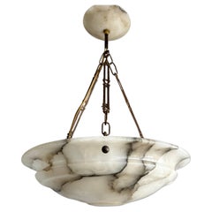 Good Size & Perfectly Balanced Art Deco White & Black Alabaster Pendant Light