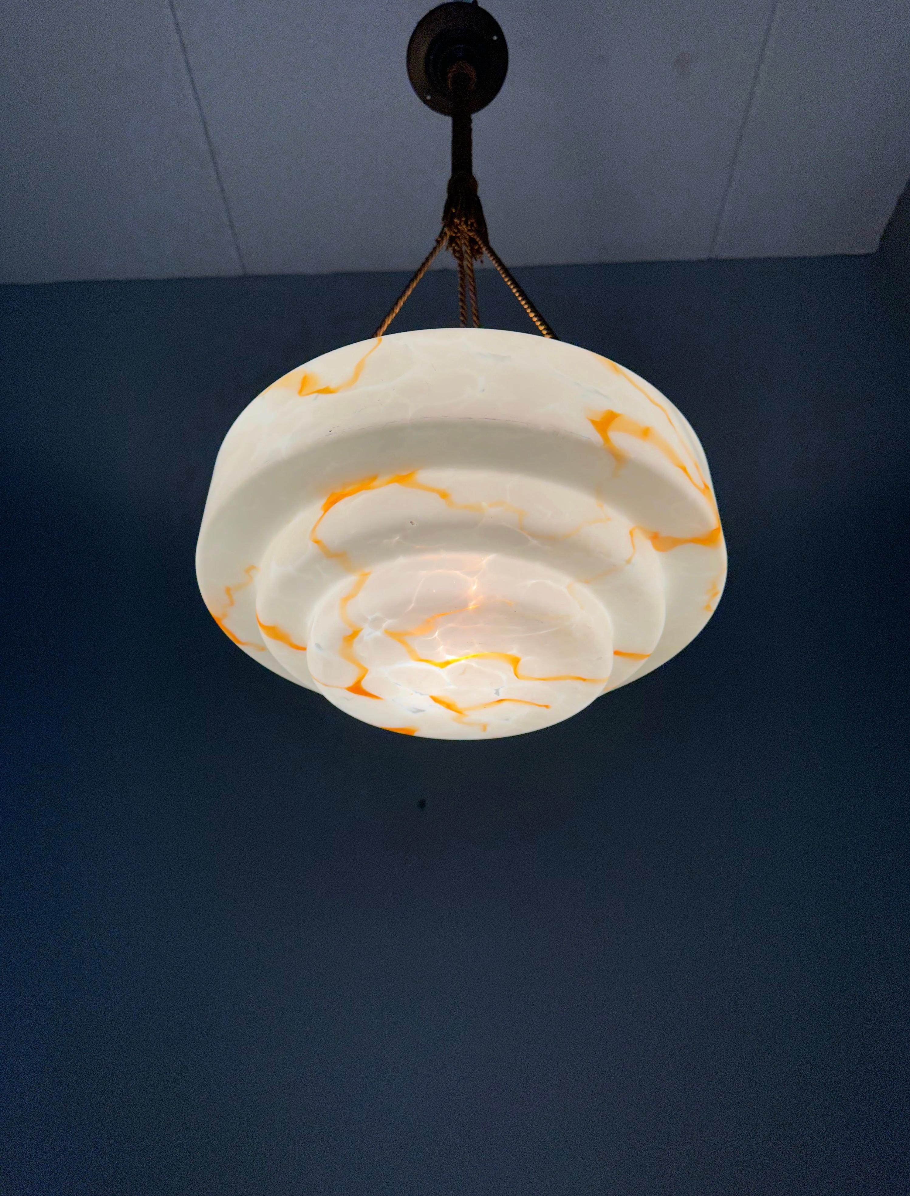 Good Size & Pure Art Deco Layered Glass Art Pendant / Chandelier with Rope, 1915 In Good Condition For Sale In Lisse, NL