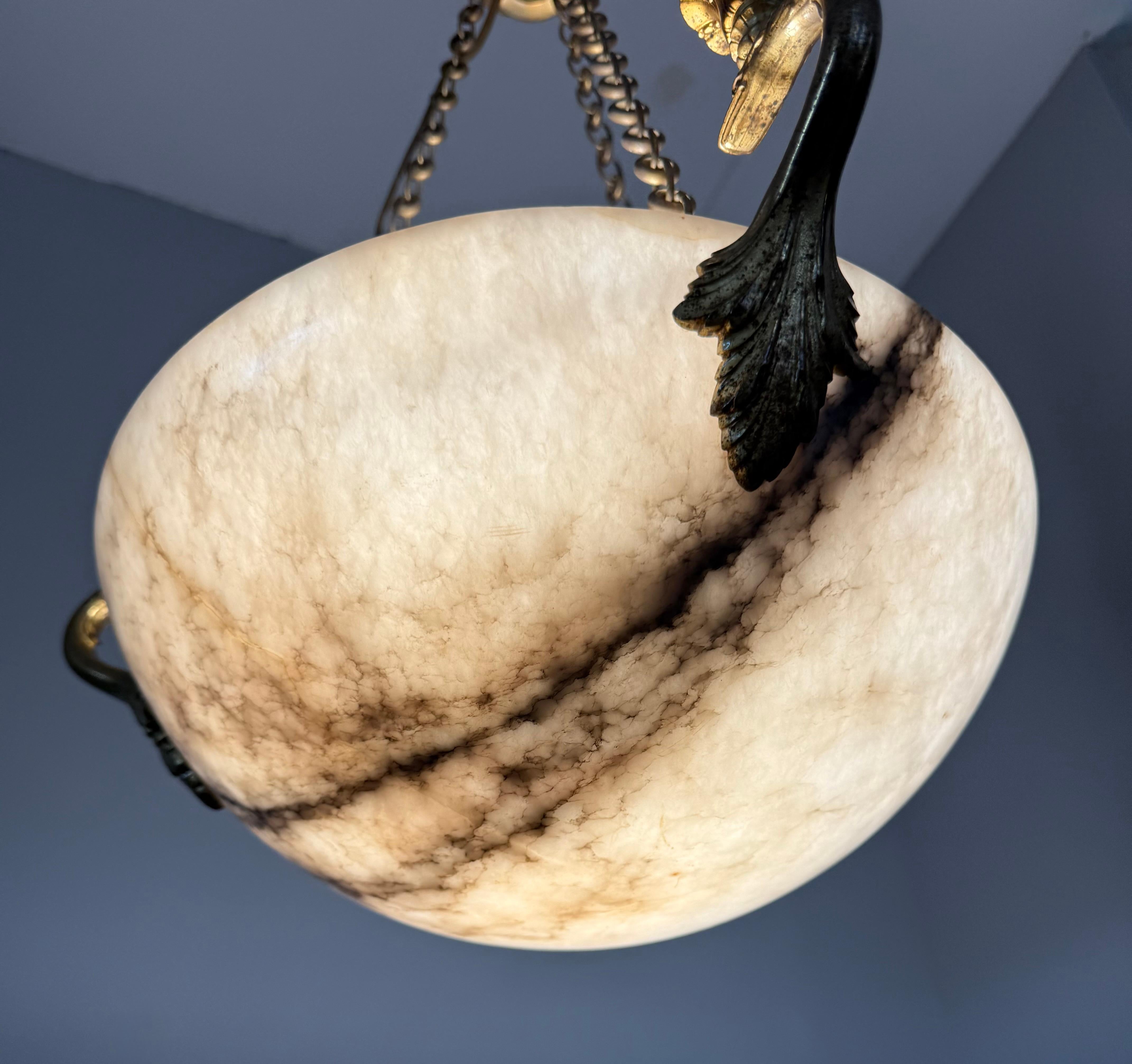 Good Size & Timeless Antique White Alabaster Pendant Light w. Gilt Sea Creatures For Sale 2