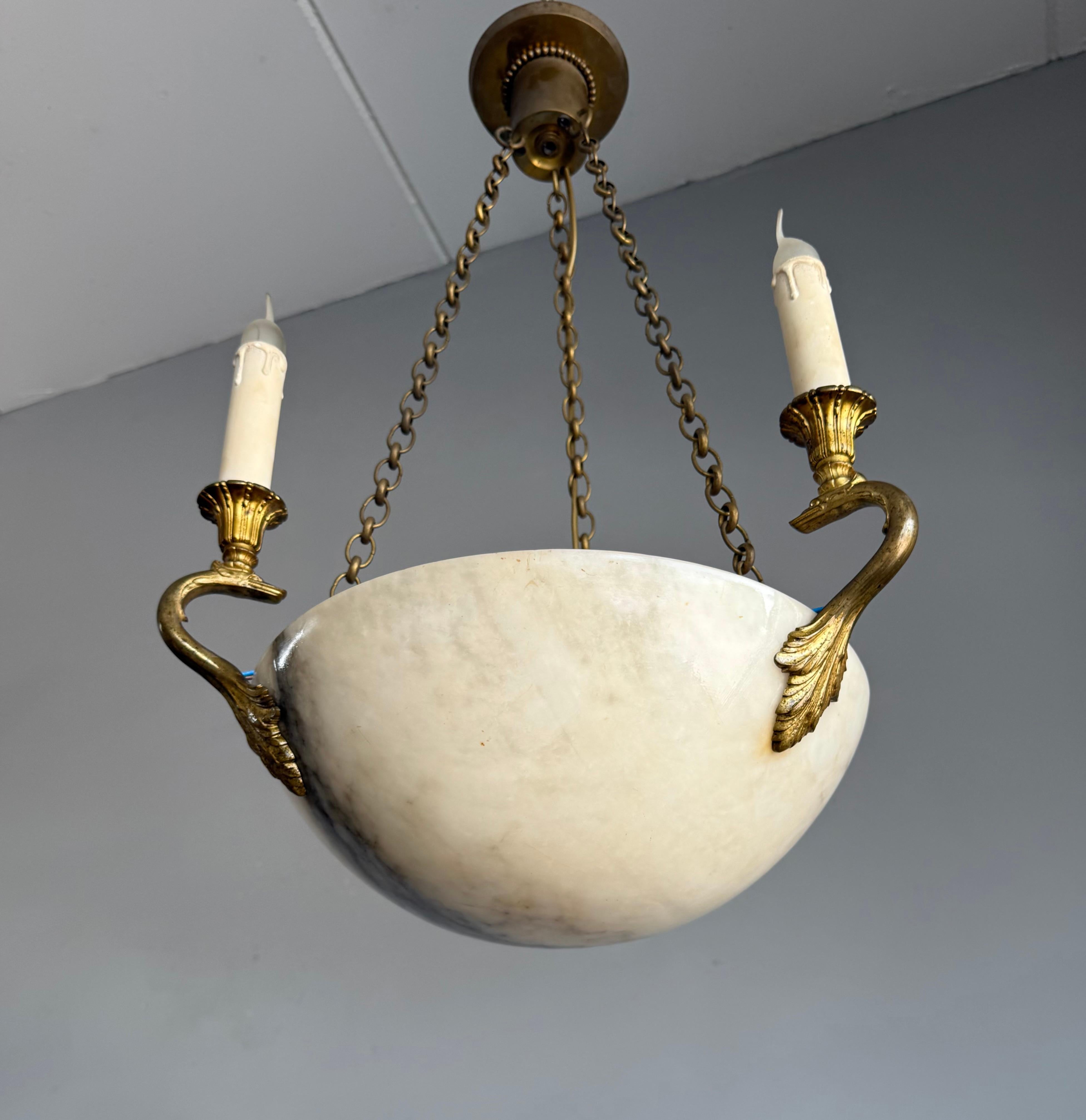 Good Size & Timeless Antique White Alabaster Pendant Light w. Gilt Sea Creatures For Sale 3