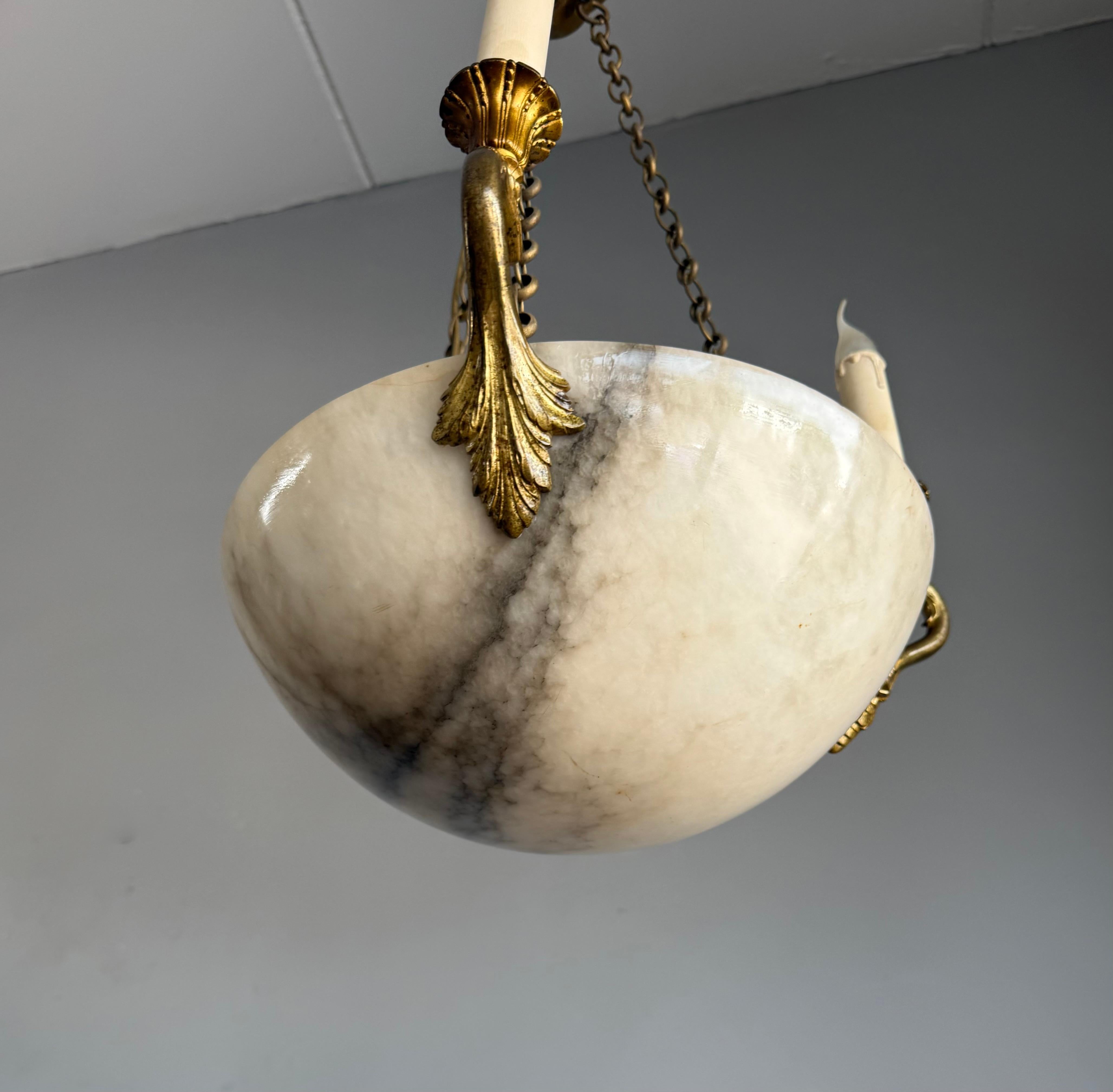 Good Size & Timeless Antique White Alabaster Pendant Light w. Gilt Sea Creatures For Sale 4
