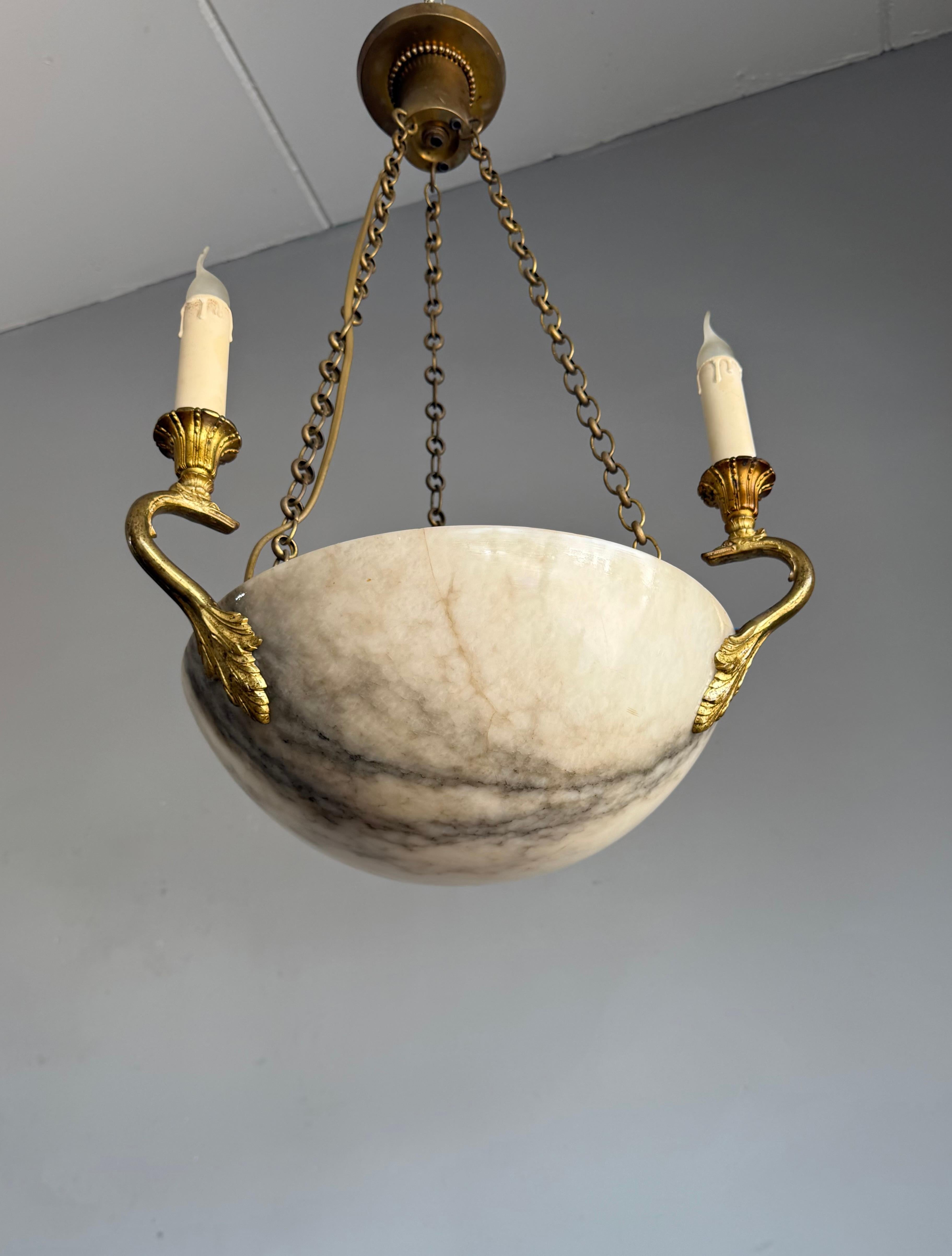 Good Size & Timeless Antique White Alabaster Pendant Light w. Gilt Sea Creatures For Sale 5