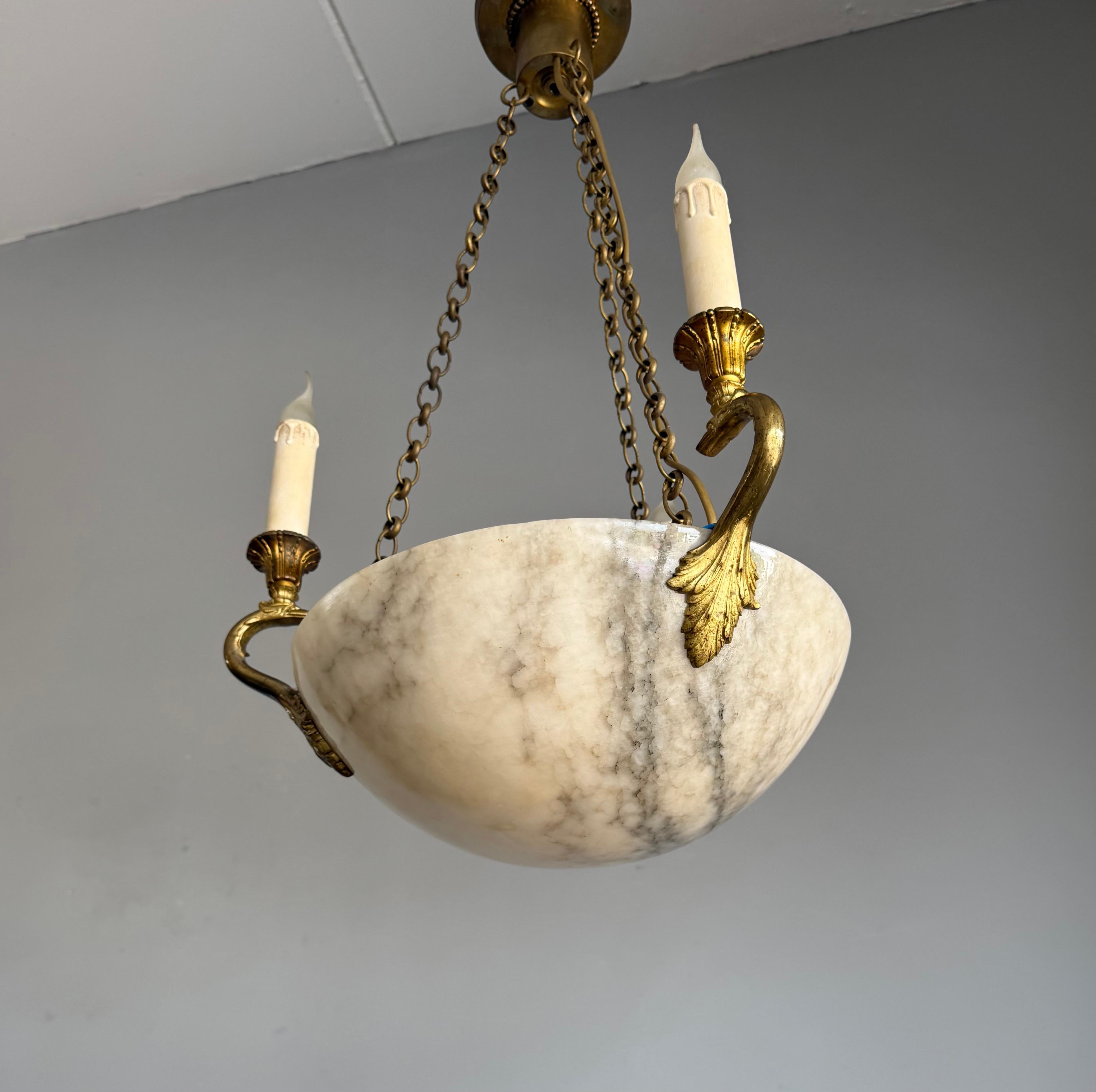 Good Size & Timeless Antique White Alabaster Pendant Light w. Gilt Sea Creatures For Sale 6