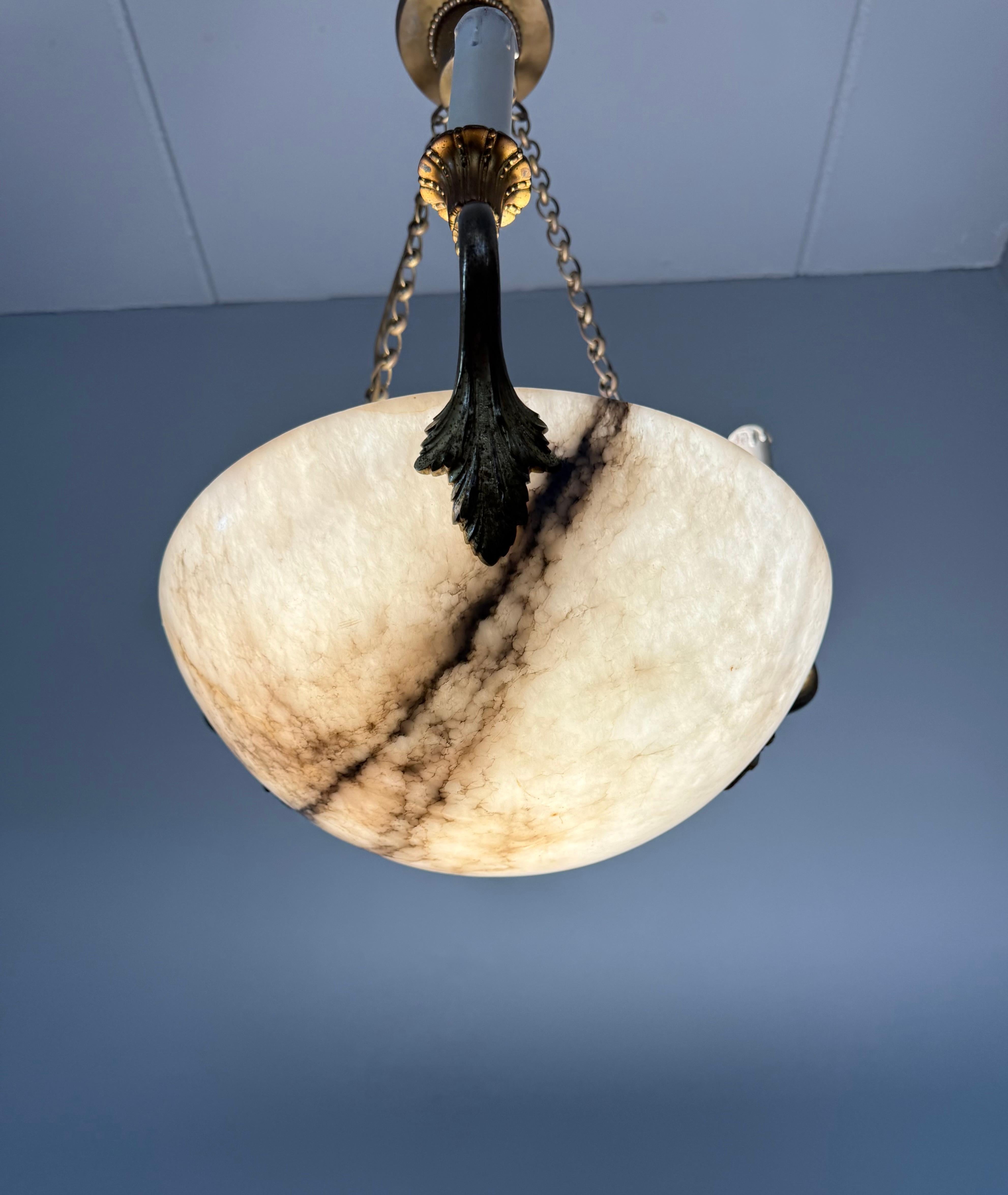 Good Size & Timeless Antique White Alabaster Pendant Light w. Gilt Sea Creatures For Sale 7