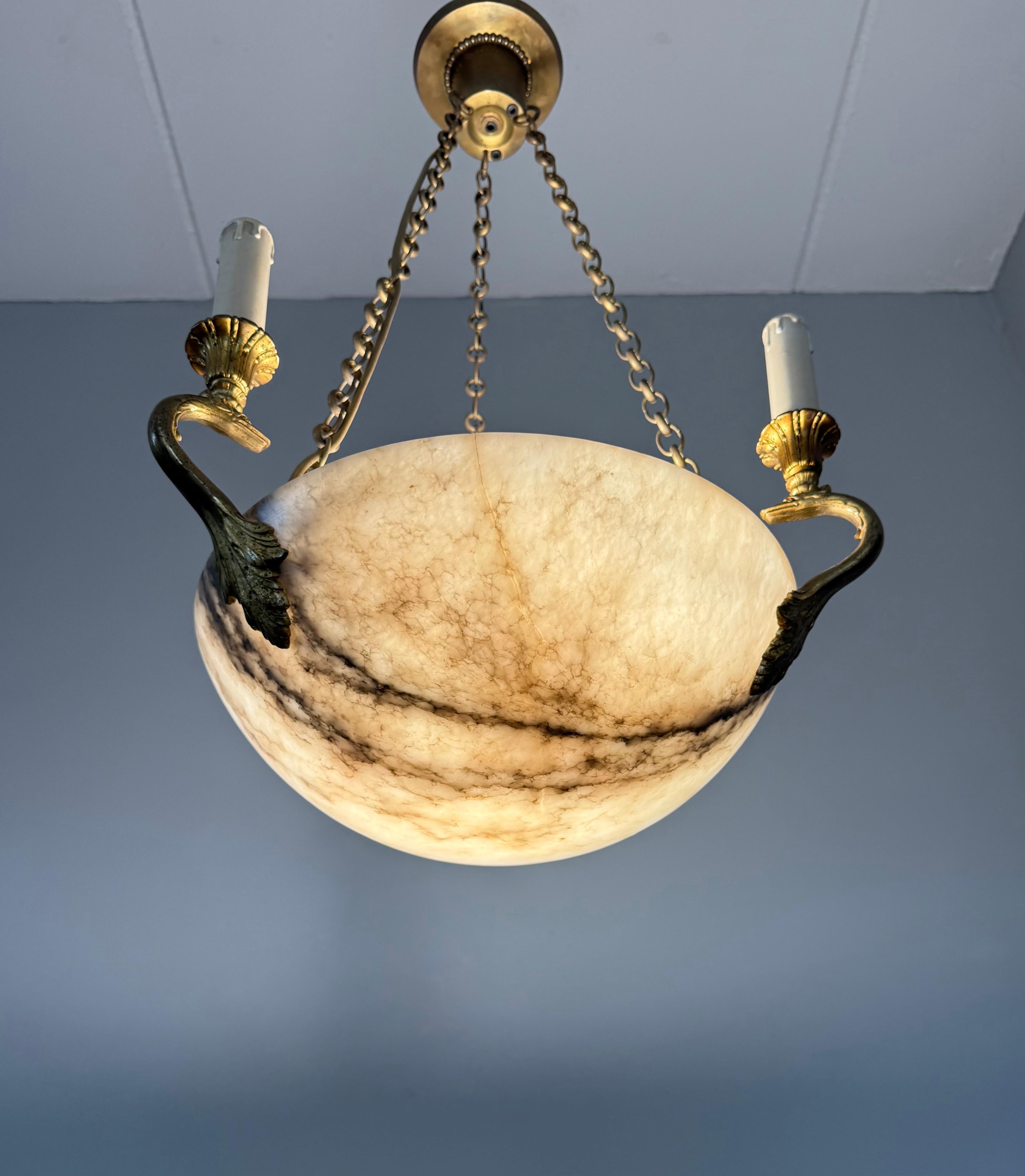 Good Size & Timeless Antique White Alabaster Pendant Light w. Gilt Sea Creatures For Sale 8