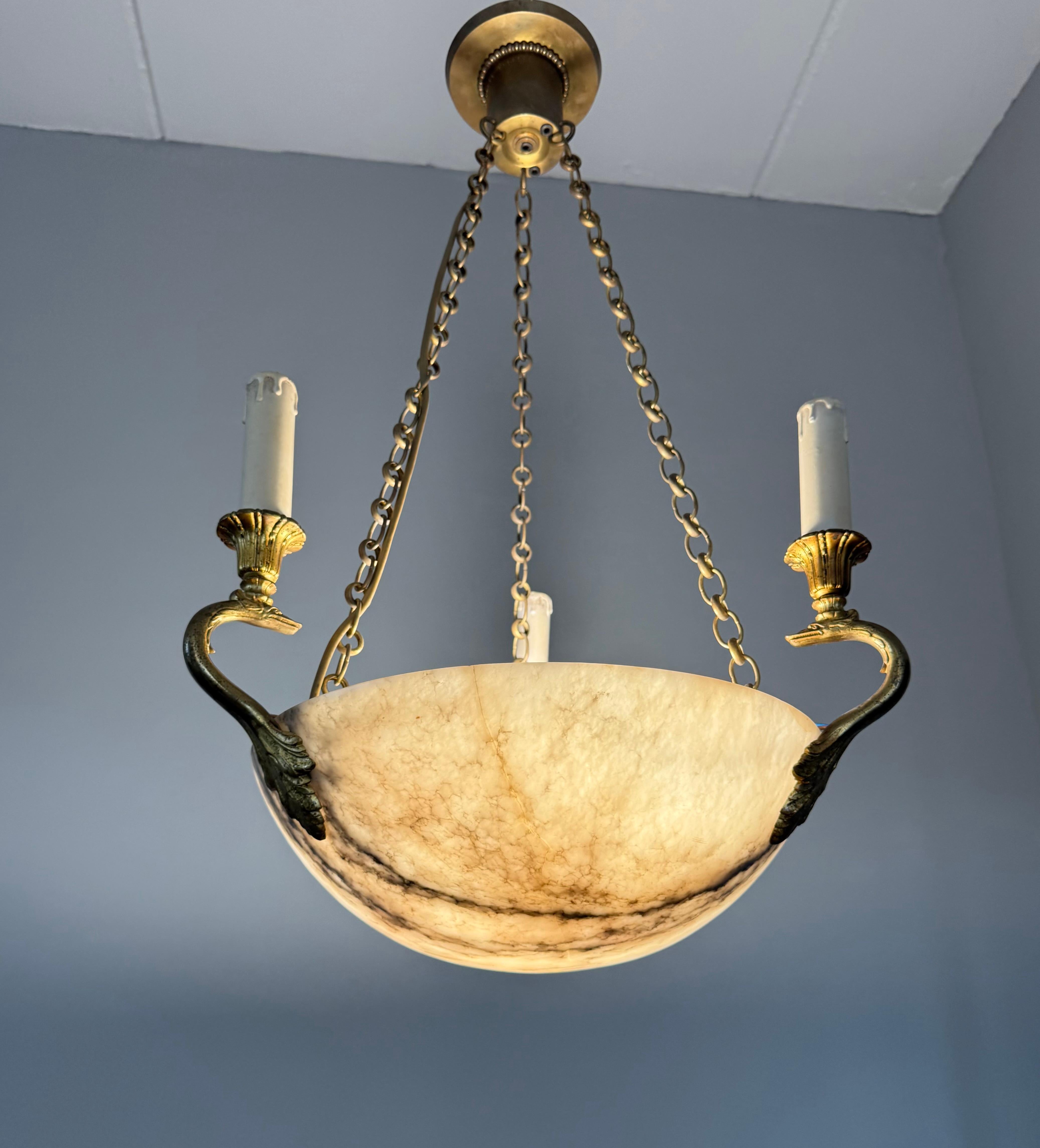Good Size & Timeless Antique White Alabaster Pendant Light w. Gilt Sea Creatures For Sale 9