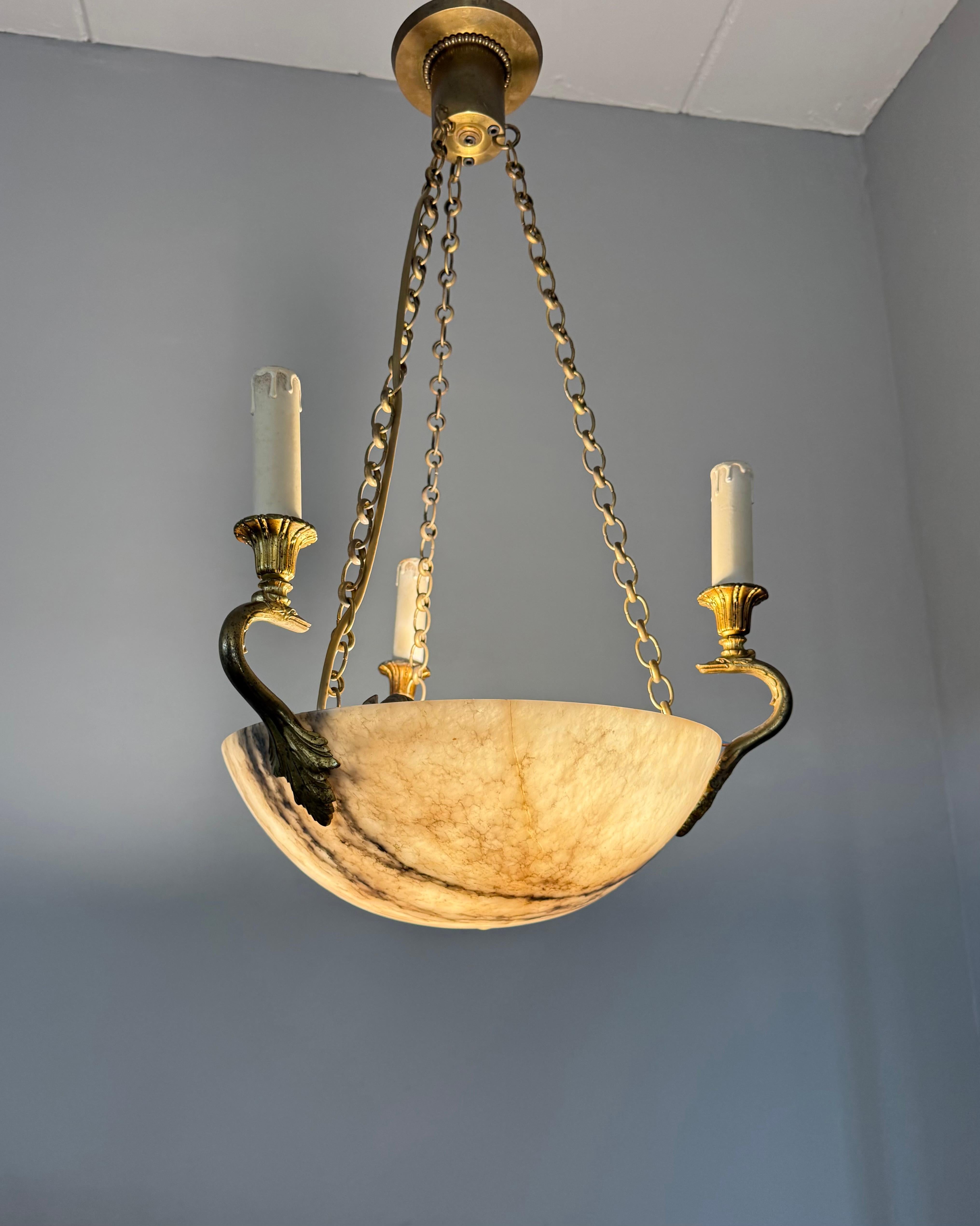 Good Size & Timeless Antique White Alabaster Pendant Light w. Gilt Sea Creatures For Sale 10