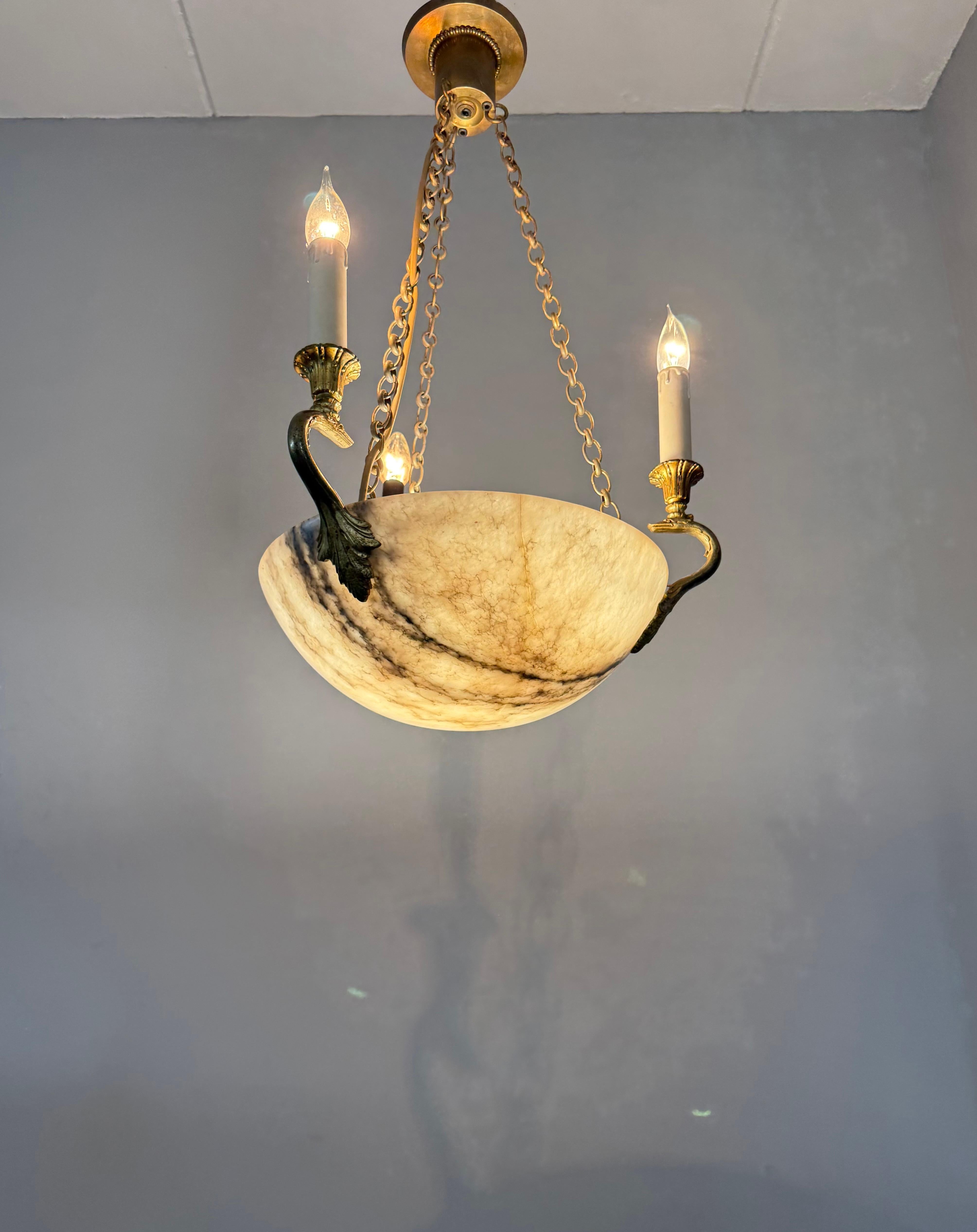 Good Size & Timeless Antique White Alabaster Pendant Light w. Gilt Sea Creatures For Sale 11