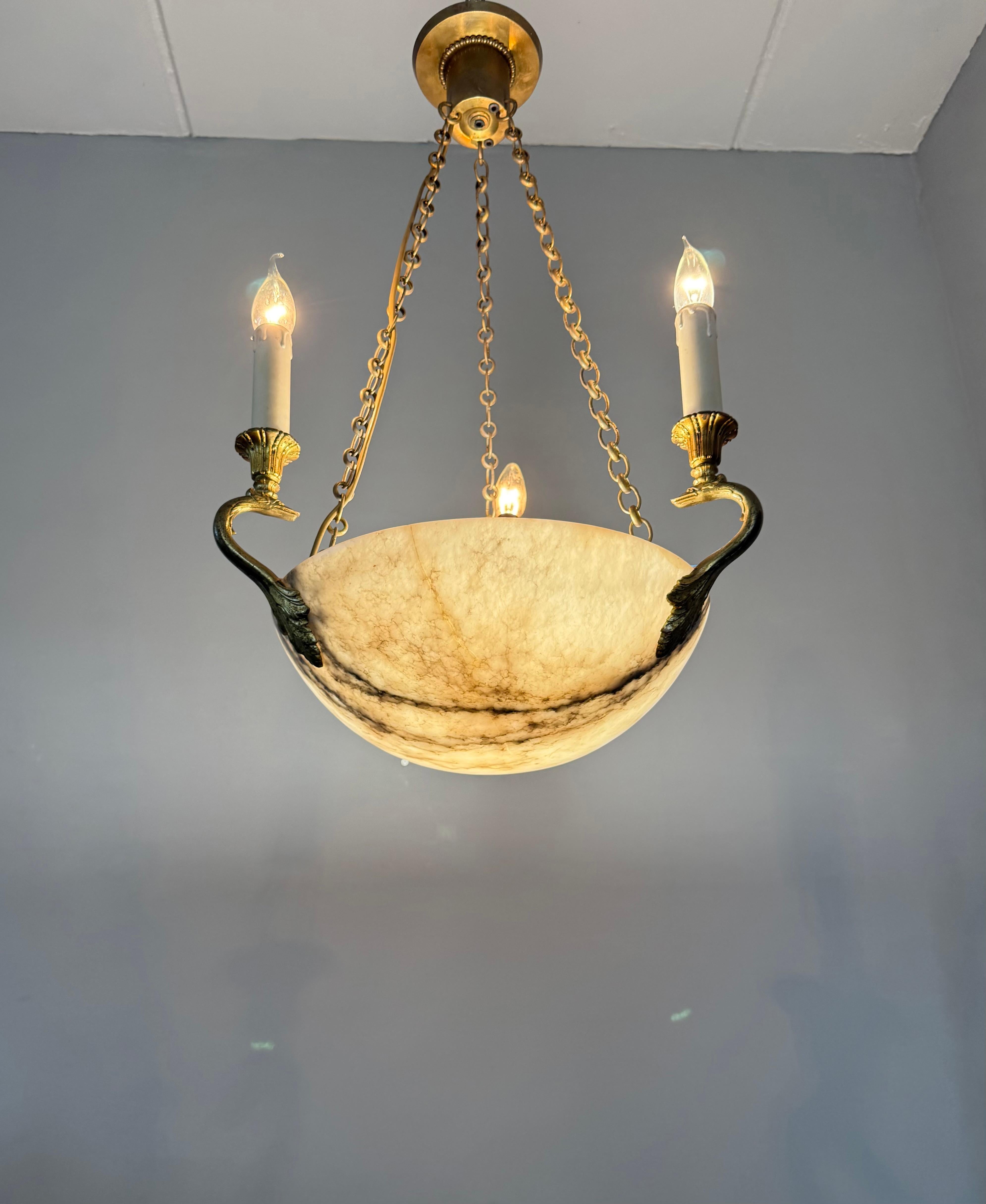 Good Size & Timeless Antique White Alabaster Pendant Light w. Gilt Sea Creatures For Sale 12