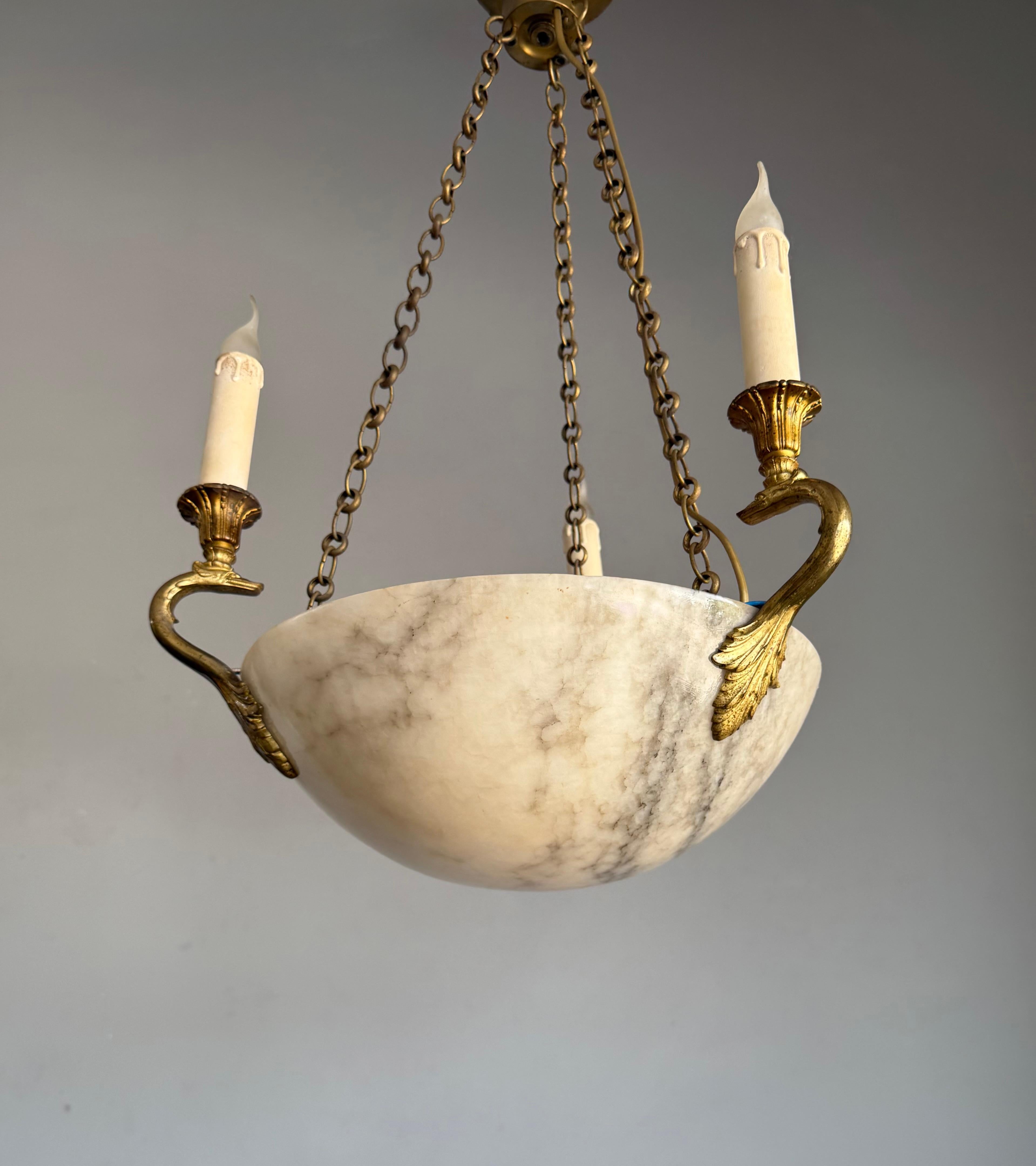 Belle Époque Good Size & Timeless Antique White Alabaster Pendant Light w. Gilt Sea Creatures For Sale