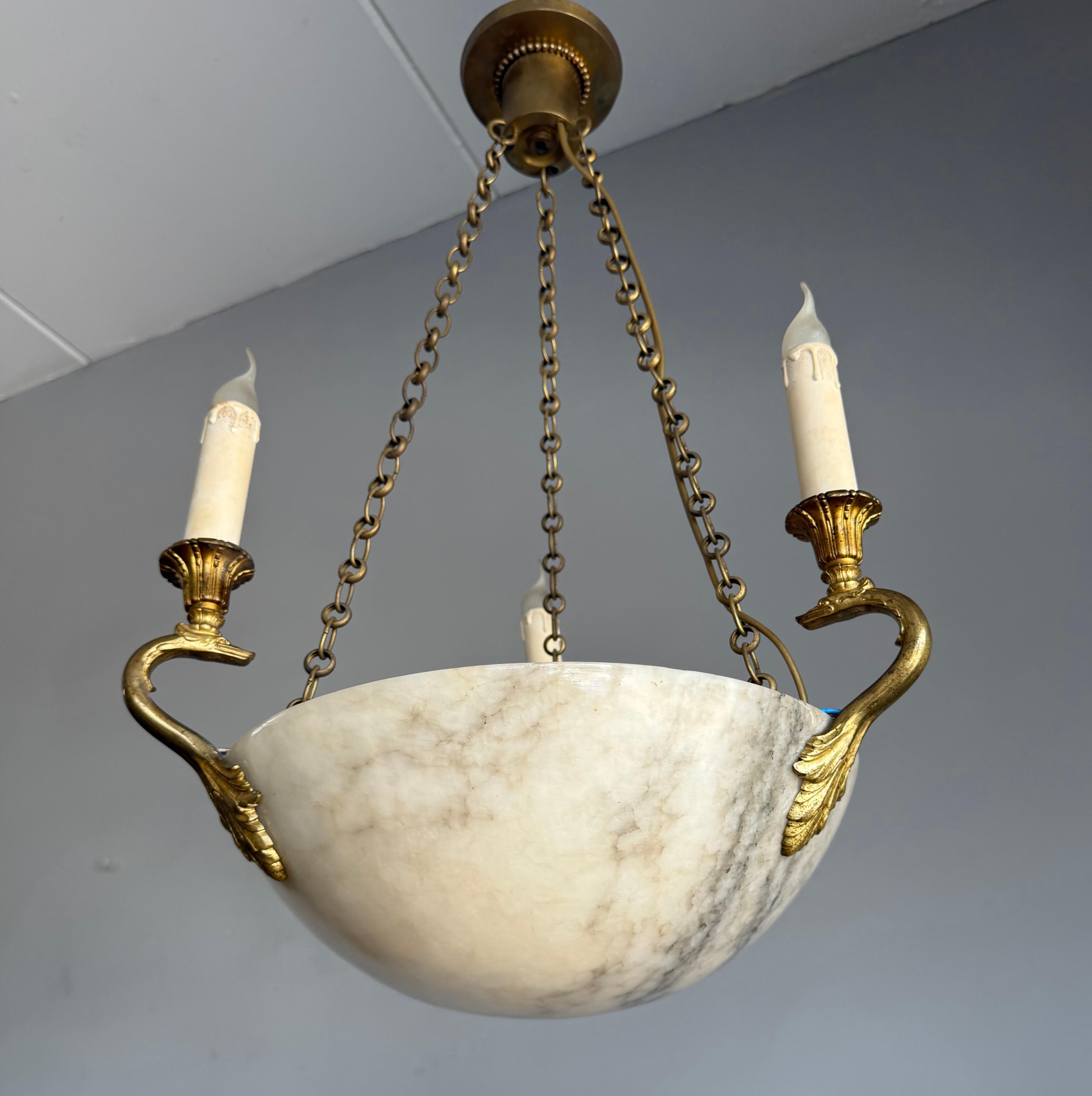 French Good Size & Timeless Antique White Alabaster Pendant Light w. Gilt Sea Creatures For Sale
