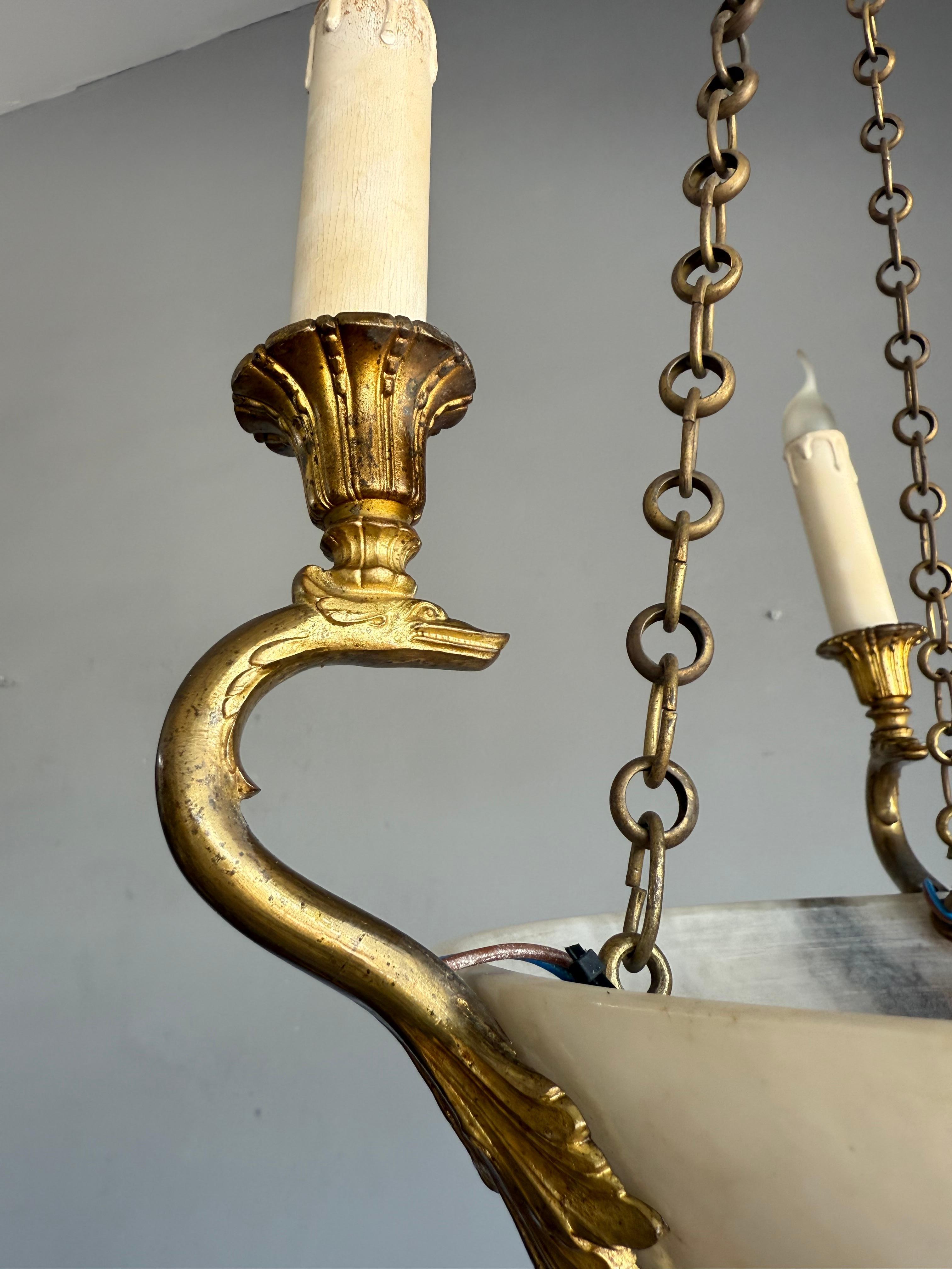 Hand-Carved Good Size & Timeless Antique White Alabaster Pendant Light w. Gilt Sea Creatures For Sale