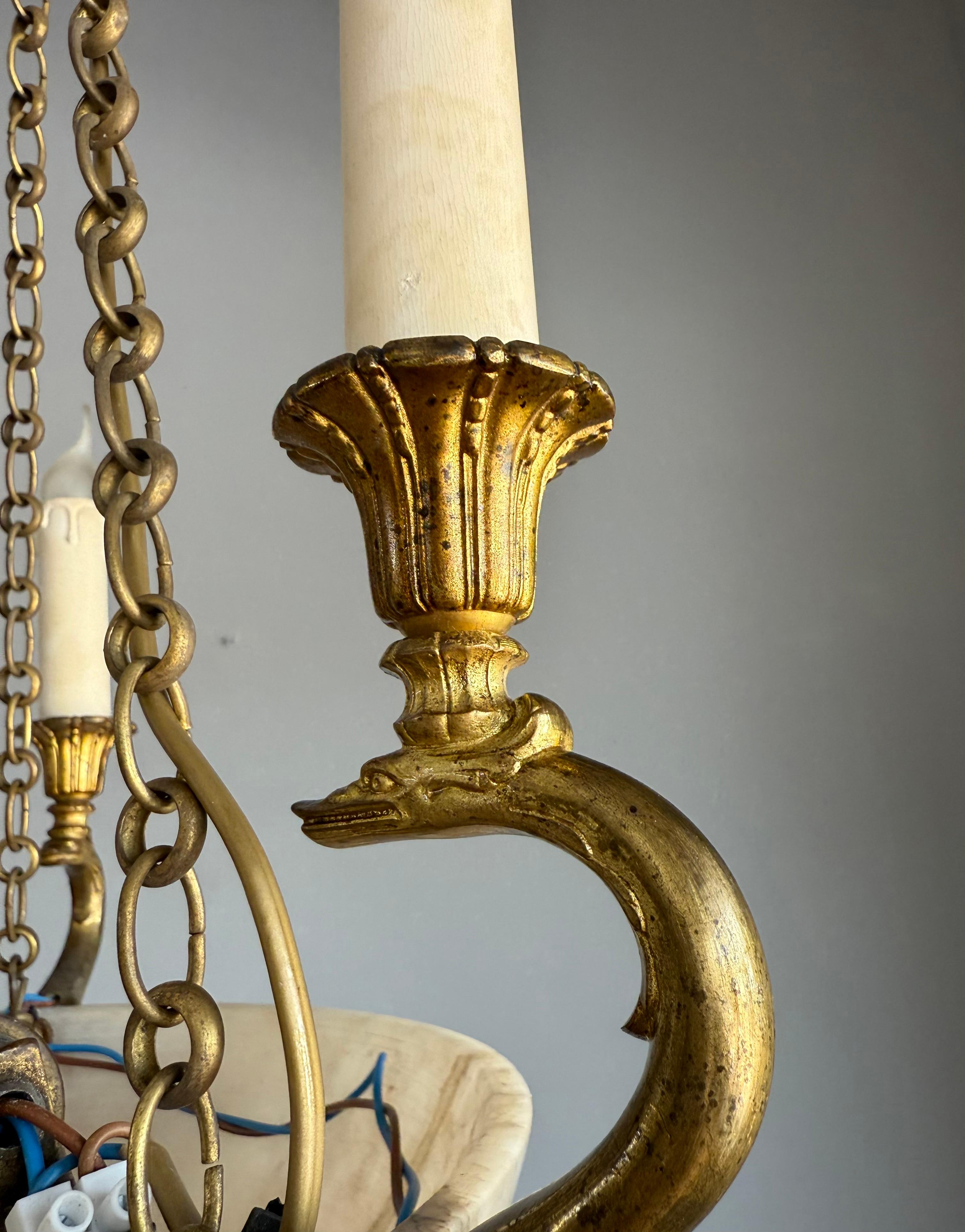 Good Size & Timeless Antique White Alabaster Pendant Light w. Gilt Sea Creatures In Good Condition For Sale In Lisse, NL
