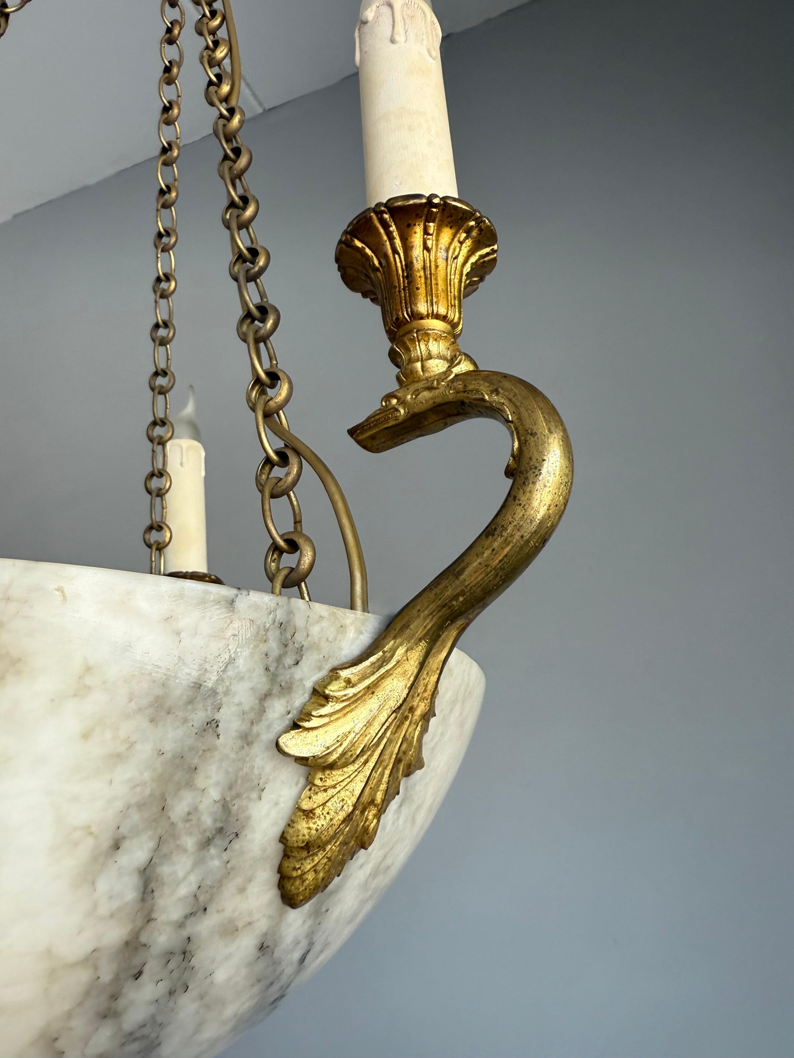 Brass Good Size & Timeless Antique White Alabaster Pendant Light w. Gilt Sea Creatures For Sale