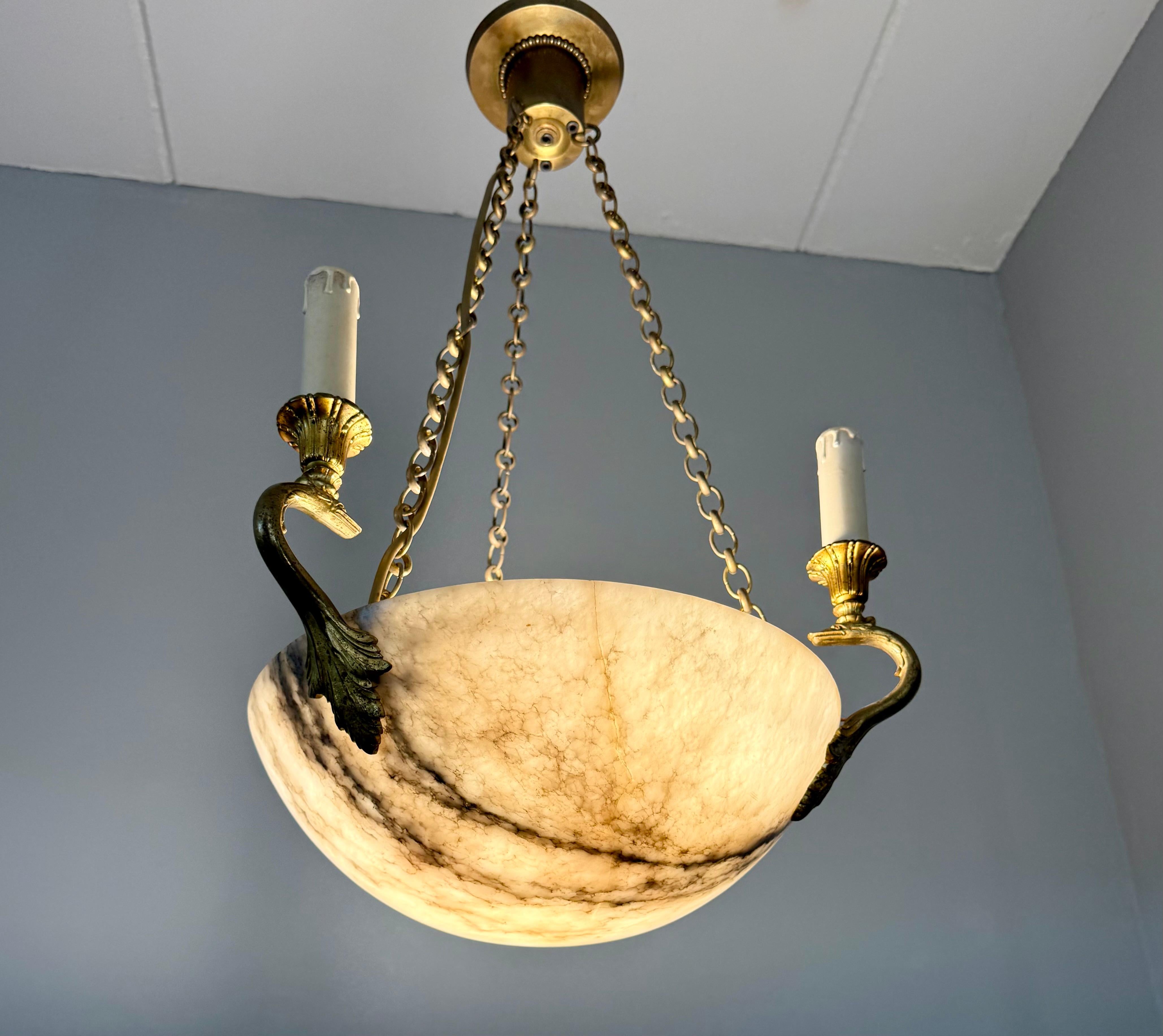 Good Size & Timeless Antique White Alabaster Pendant Light w. Gilt Sea Creatures For Sale 1