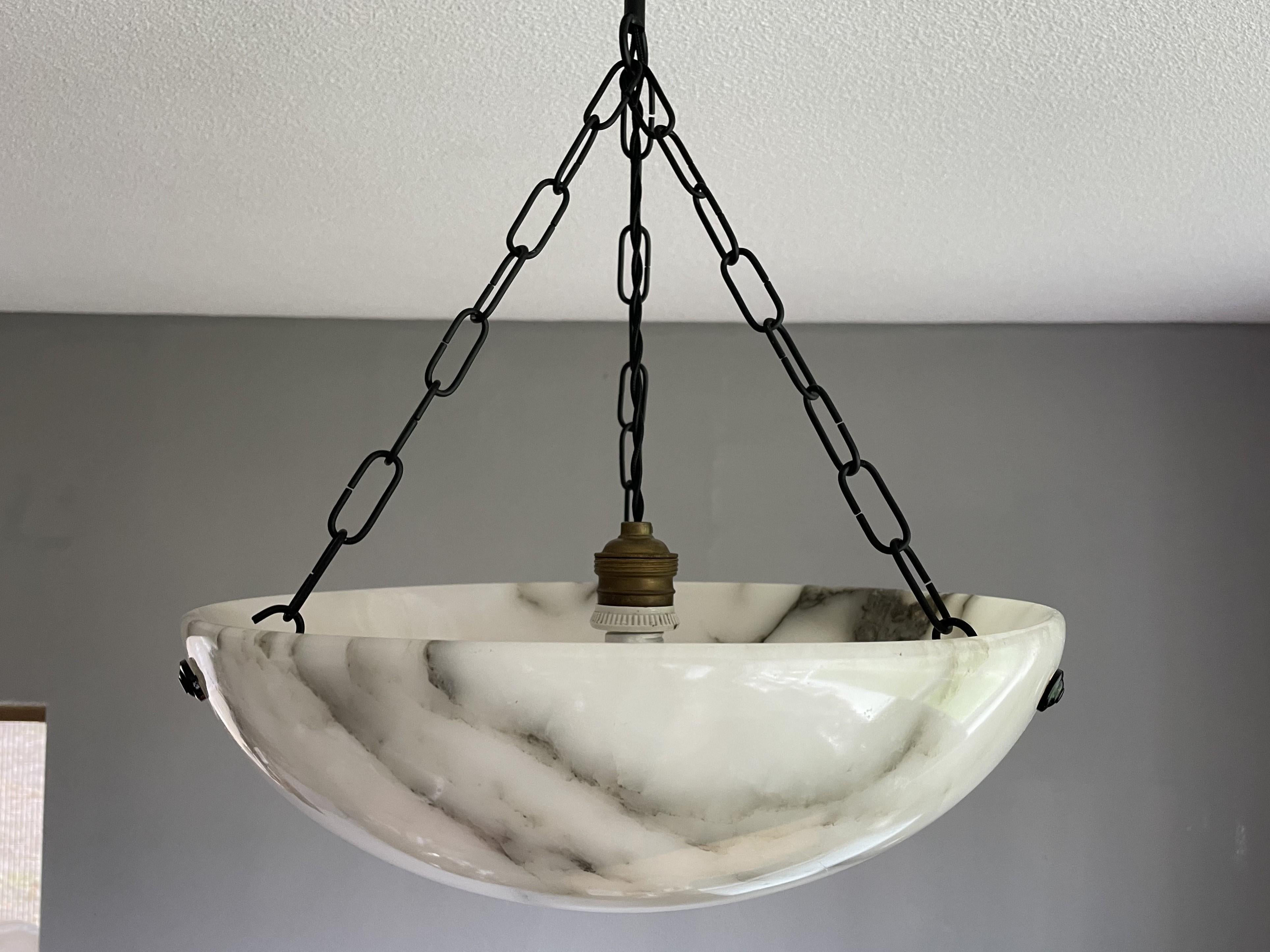 Good Size & Timeless Art Deco White Alabaster & Black Chain Pendant Flush Mount In Good Condition For Sale In Lisse, NL