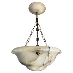 Good Size & Timeless Art Deco White Alabaster Shade Pendant Light / Flush Mount